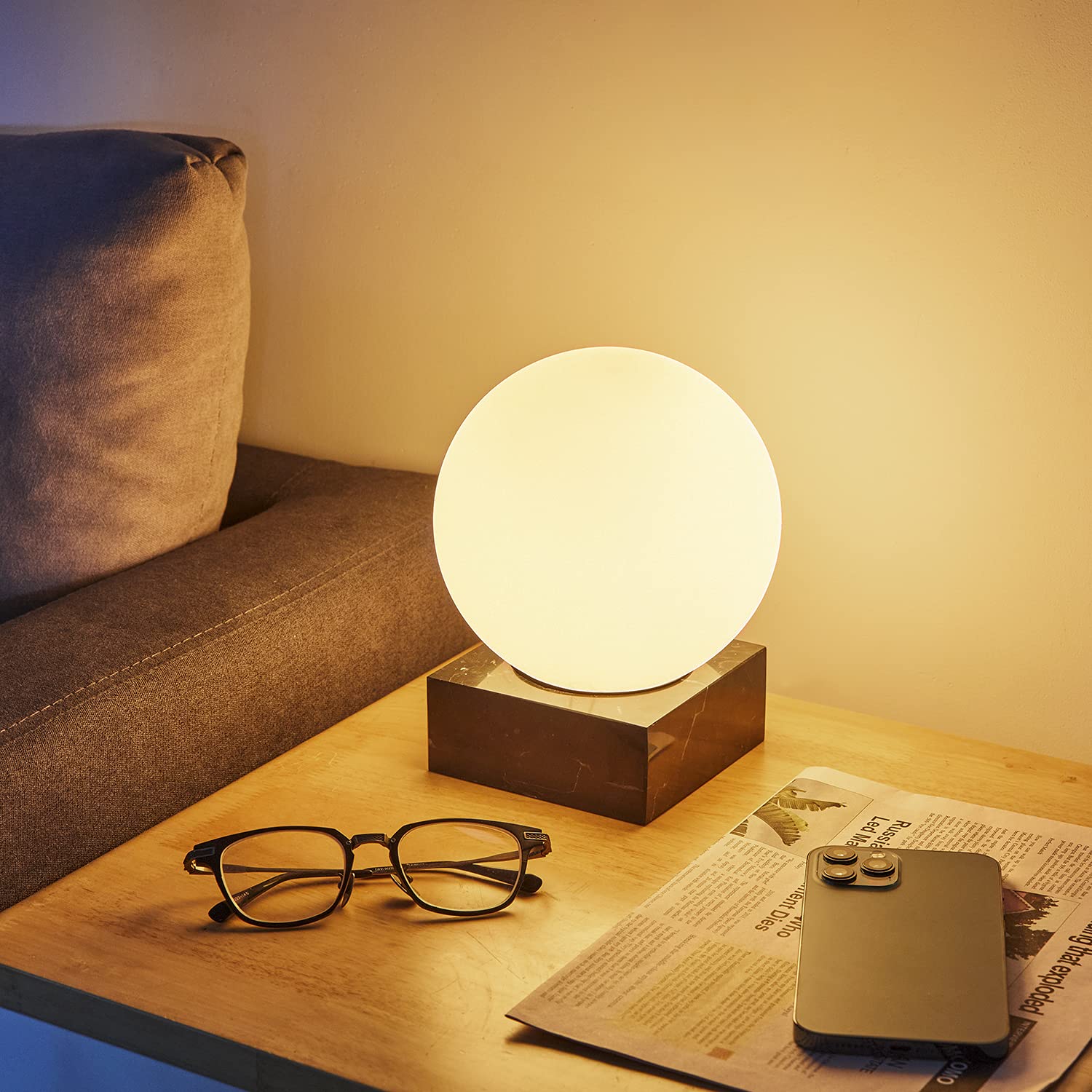 Flornia Modern Industrial Table Lamp, Unique Bedside Nightstand Desk Lamp With Glass Shade And Marble Base For Bedroom, Living R