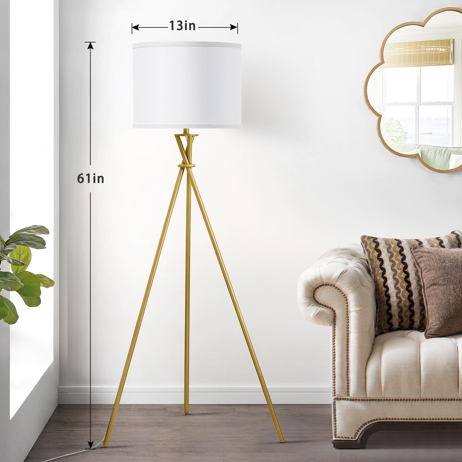 Luvkczc Gold Tripod Floor Lamp, 61” Tall, Metal with White Shade, Model 1FL-054-03