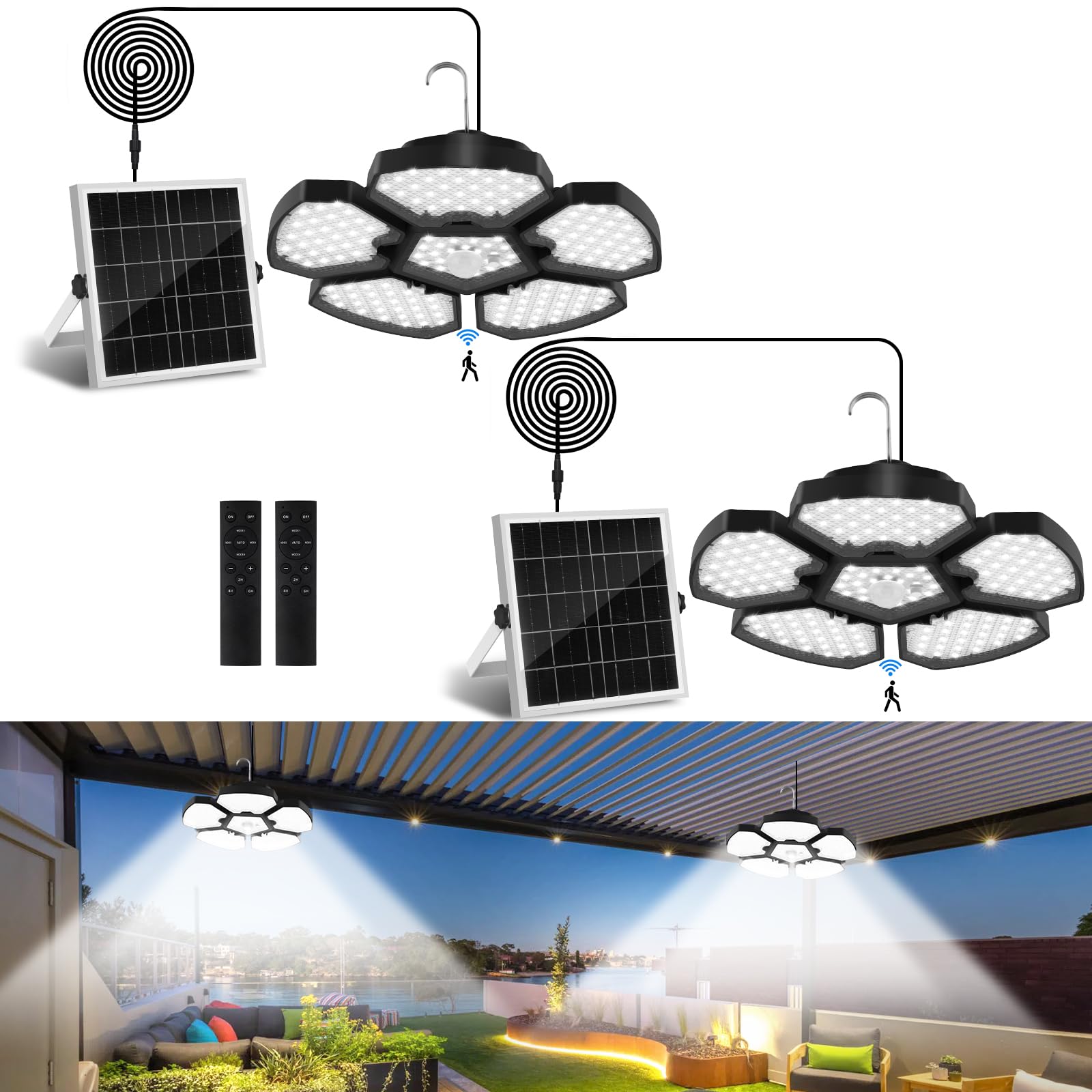TSUNESLUX 2 Pack Solar Shed Light Motion Sensor Lights Outdoor IP65 Waterproof with Remote Control, Solar Powered Pendant Light