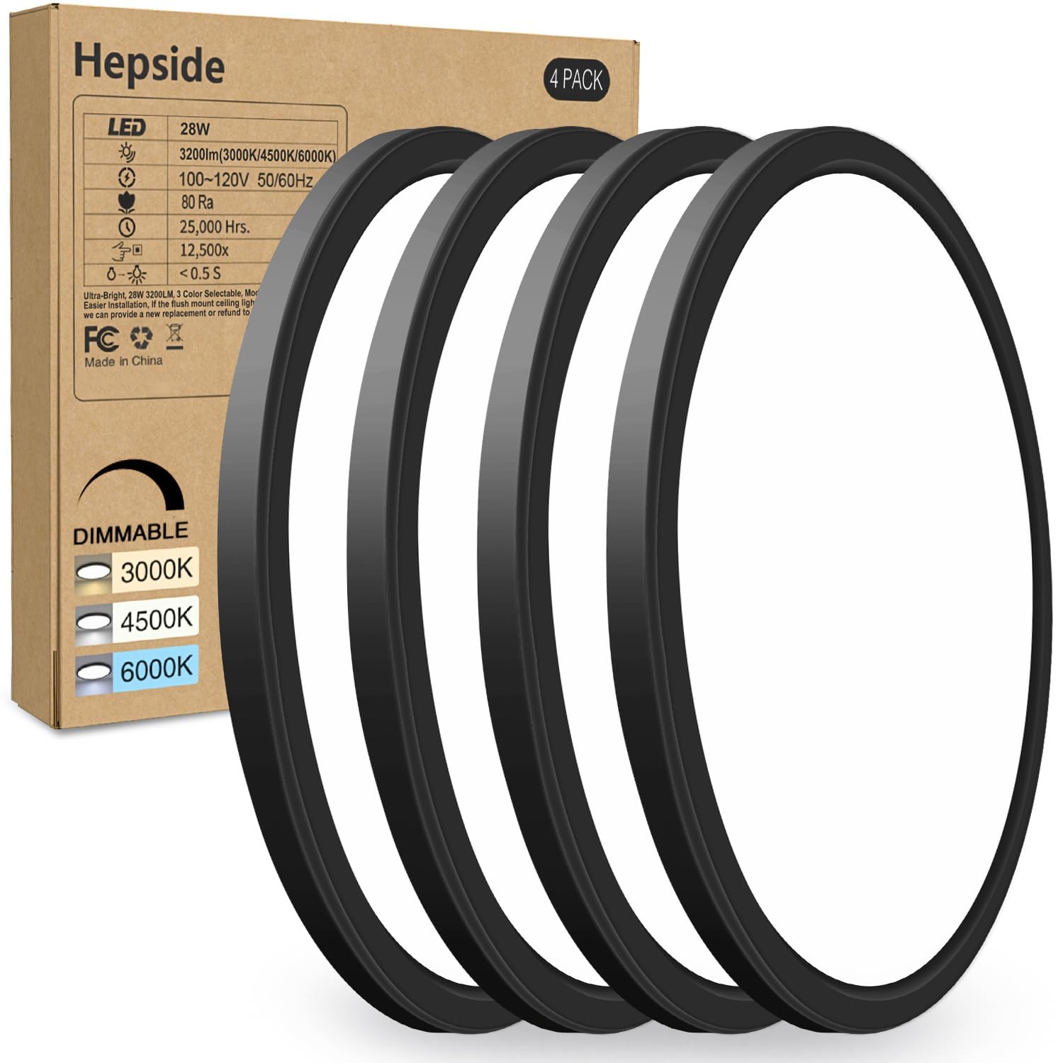Hepside 4PACK Flush Mount LED Ceiling Light, 12Inch, 28W, Dimmable, 3 Color Selectable, Black, Model CL02A-4