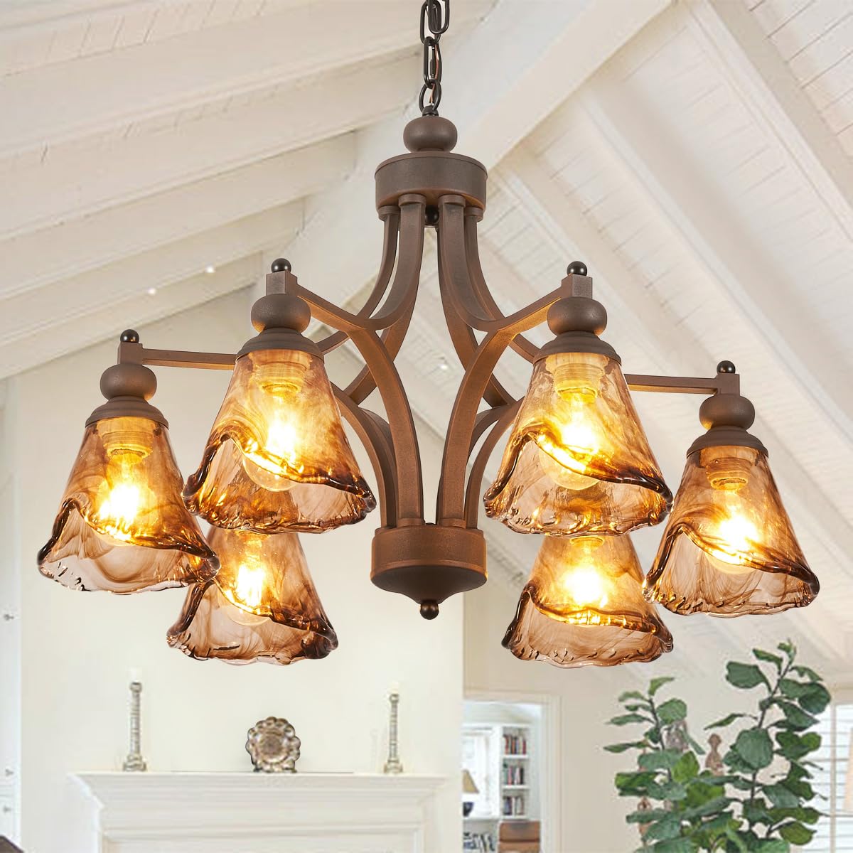 Lanpesting Vintage Farmhouse Chandelier  27 Inch Adjustable Amber Glass Rust-Finish Metal Pendant Light Fixture For Living Room  Bedroom  Dining Room  Kitchen Lighting (6-Light)