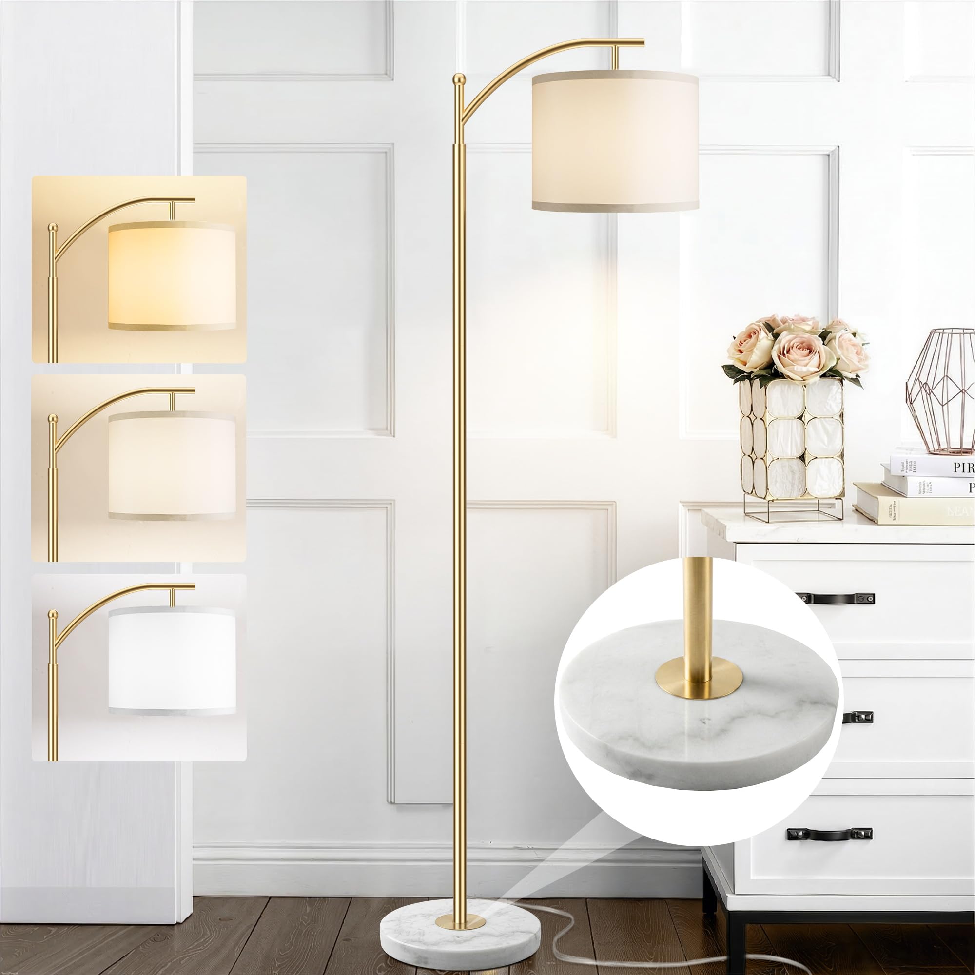 ROTTOGOON Gold Floor Lamp for Living Room with Marble Base  Modern Standing Lamp with 3 Color Temperatures Bulb & Adjustable Linen Shade  Tall Lamp for Bedroom Office Reading Nursery