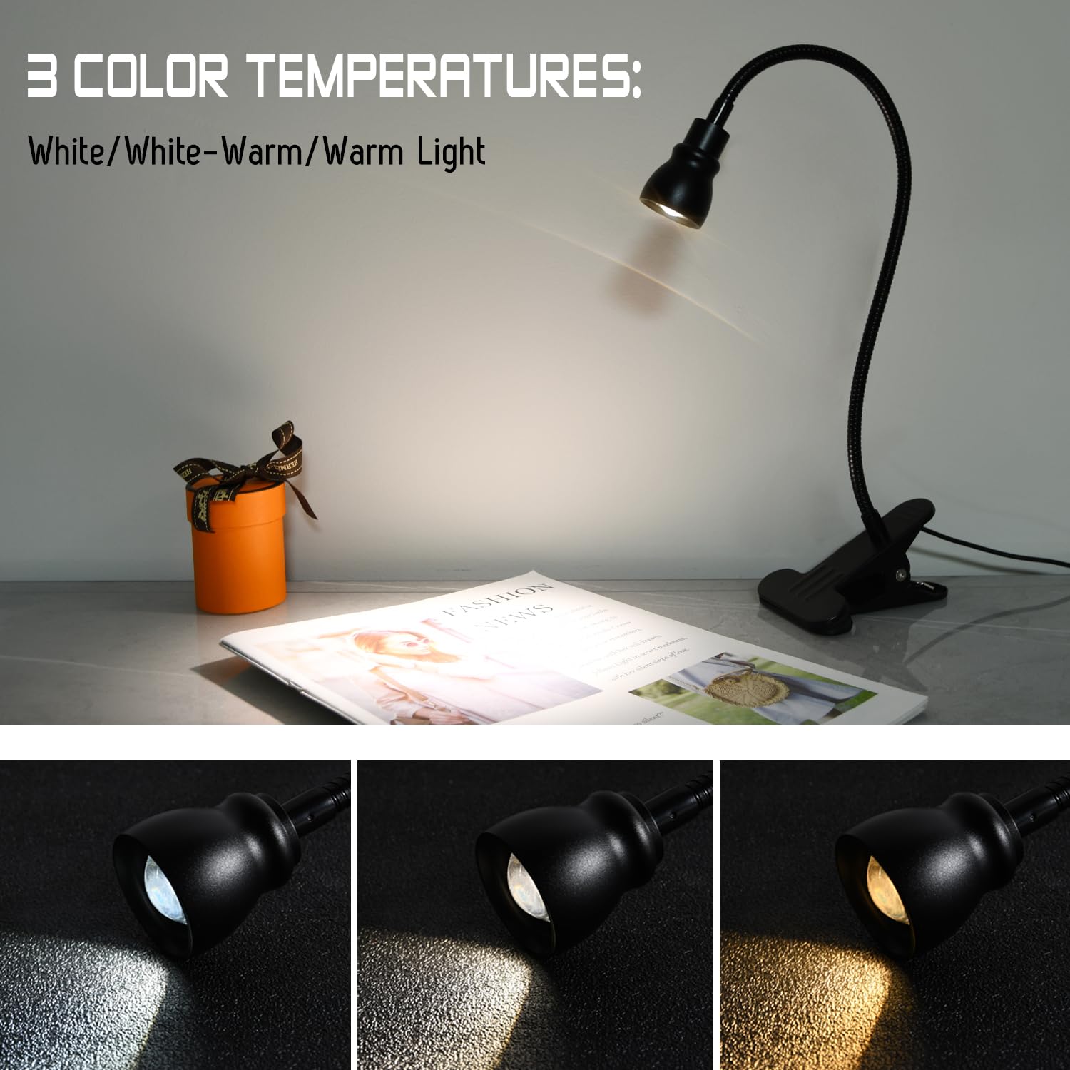 Cesunlight Versatile Desk Lamp, Usb Led Clip Reading Light, Dimmable Zoomable Metal Spotlight With 3 Color Temperature Options, 10 Dimmable Brightness Levels For Working, Studying (2W)