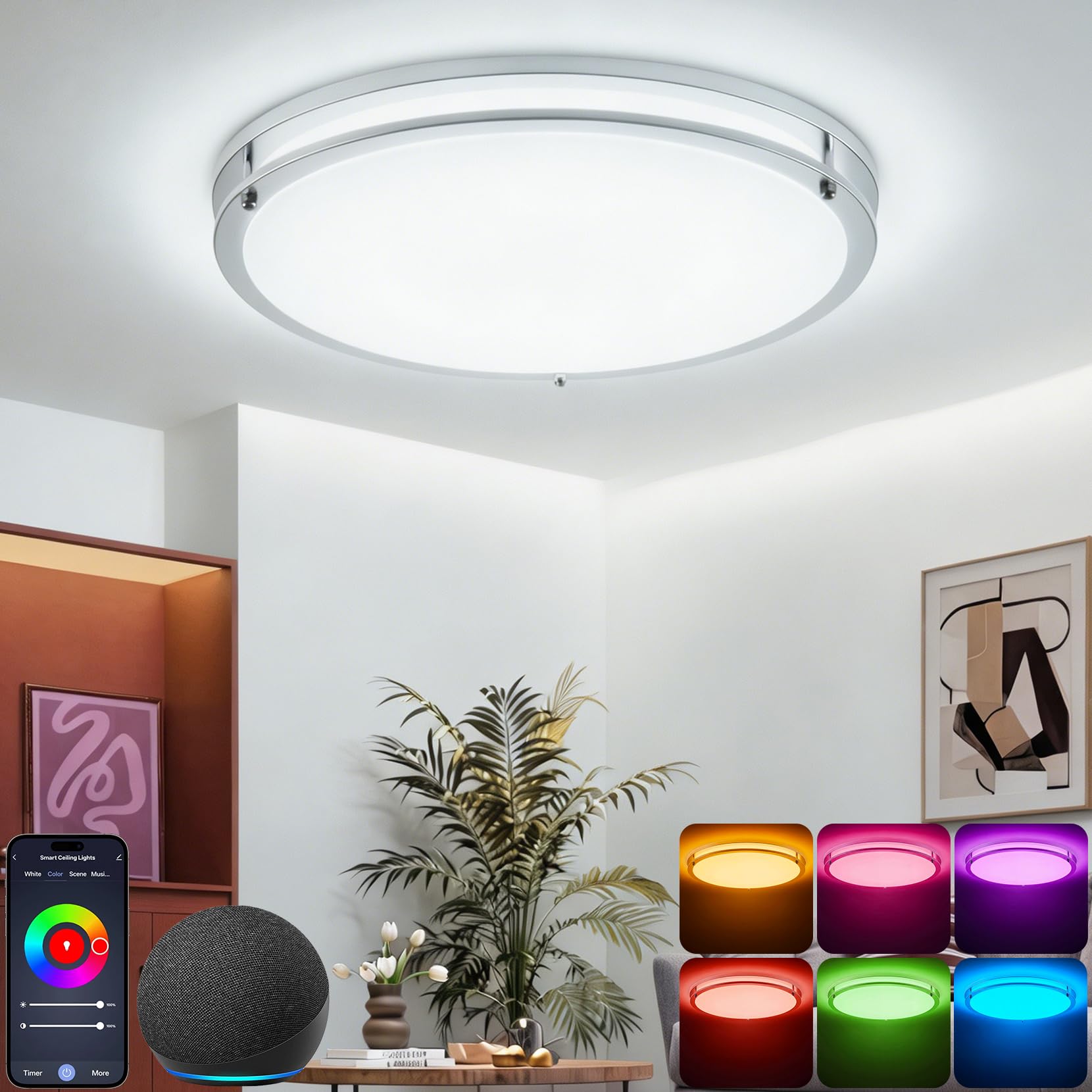 CINOTON 16 inch Smart Ceiling Light RGBCW, 40W LED Ceiling Light Fixture, 16 Million RGB & 2700K-6500K Adjustable for Bedroom Di