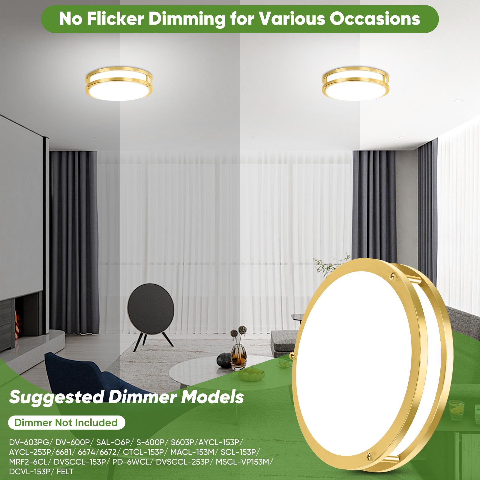 TOBUSA 10 Inch LED Flush Mount Ceiling Light, Dimmable, Brushed Gold, 5 Color Options, Model 63025009-03