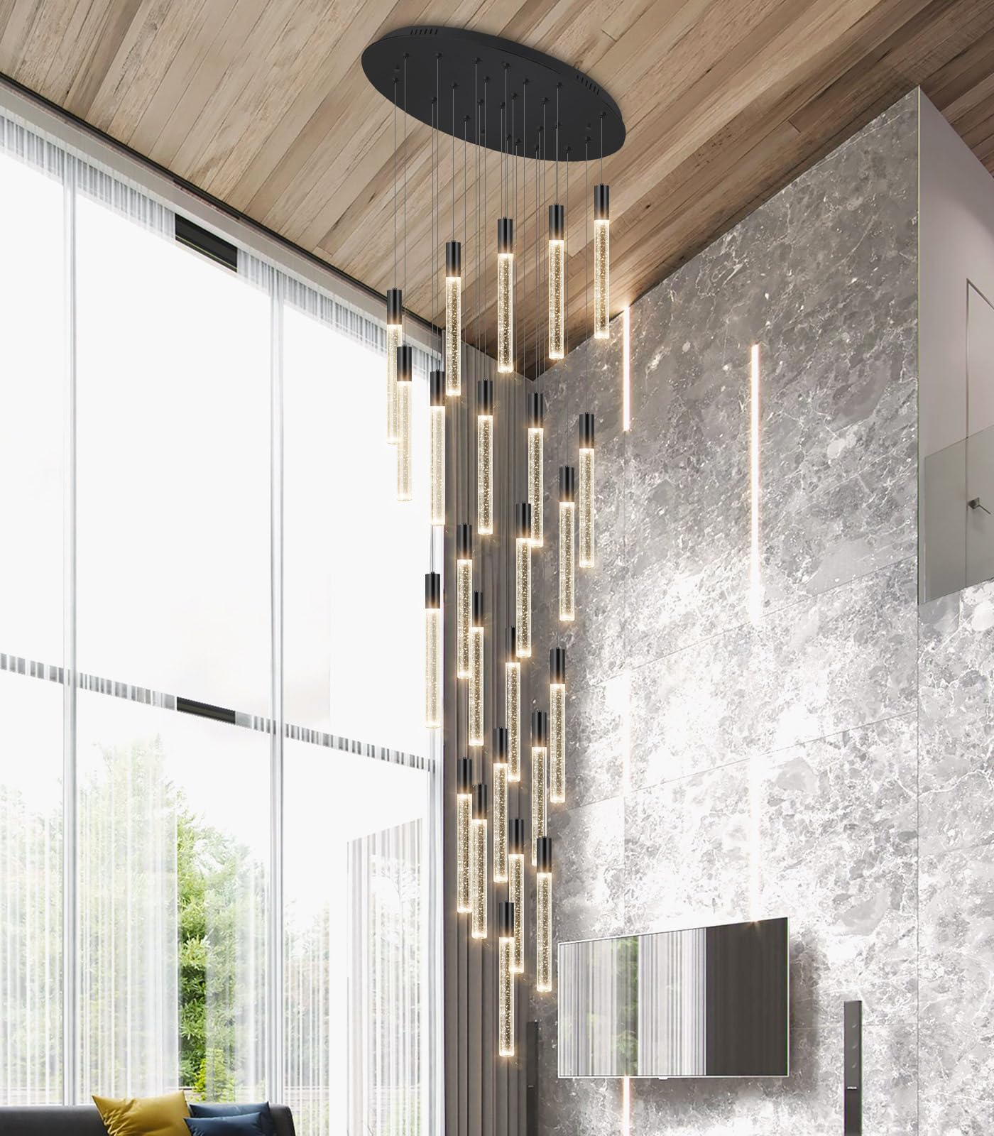 Haixiang 13 Foot High Ceiling Chandelier For Entryway Modern Crystal Lights For Living Room Foyer Flush Mount Sloping Ceiling Pe
