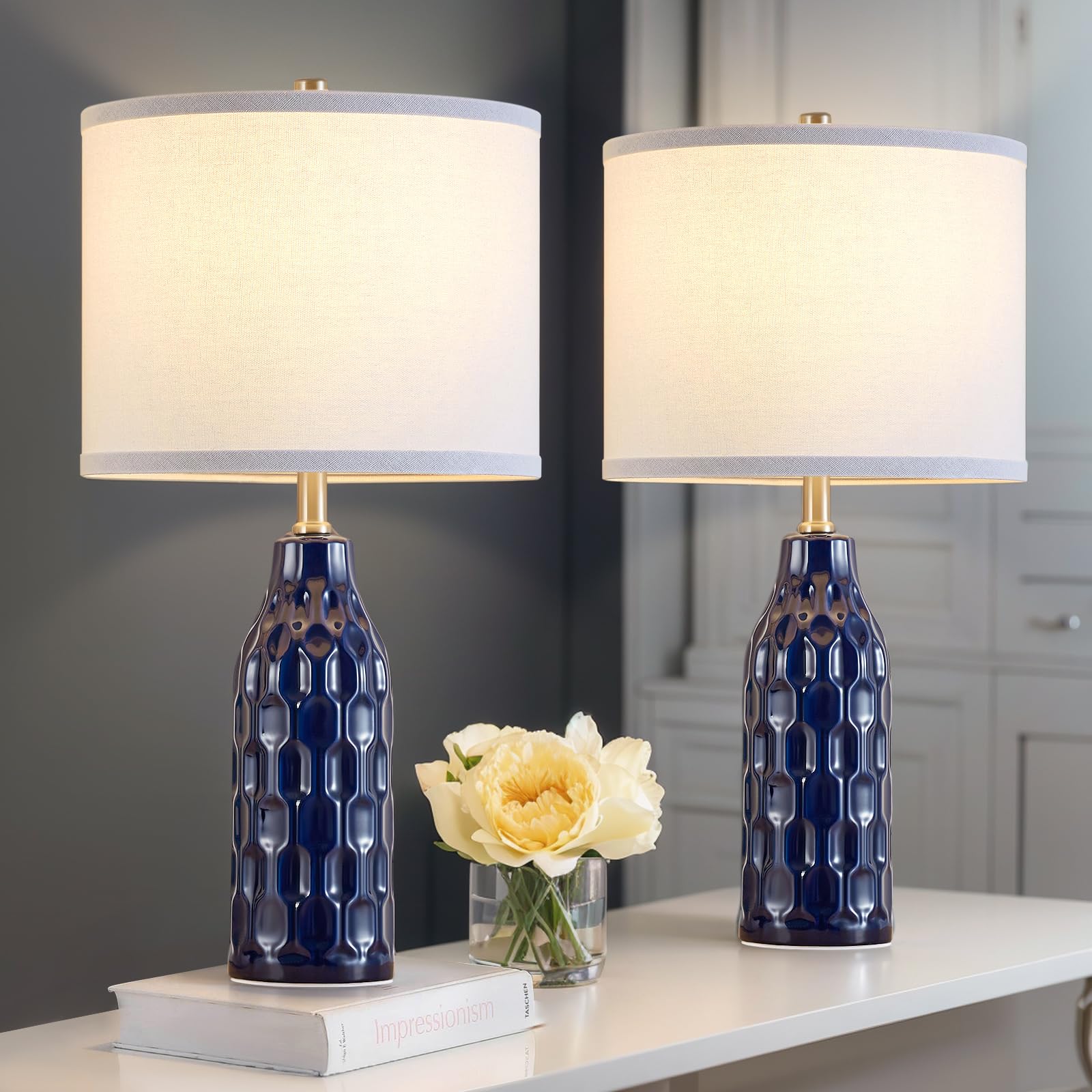 Luvkczc Ceramic Table Lamps Set of 2 - 24.8in Nightstand Lamps, Navy Blue, 3 Color Temperatures, Bulbs Included