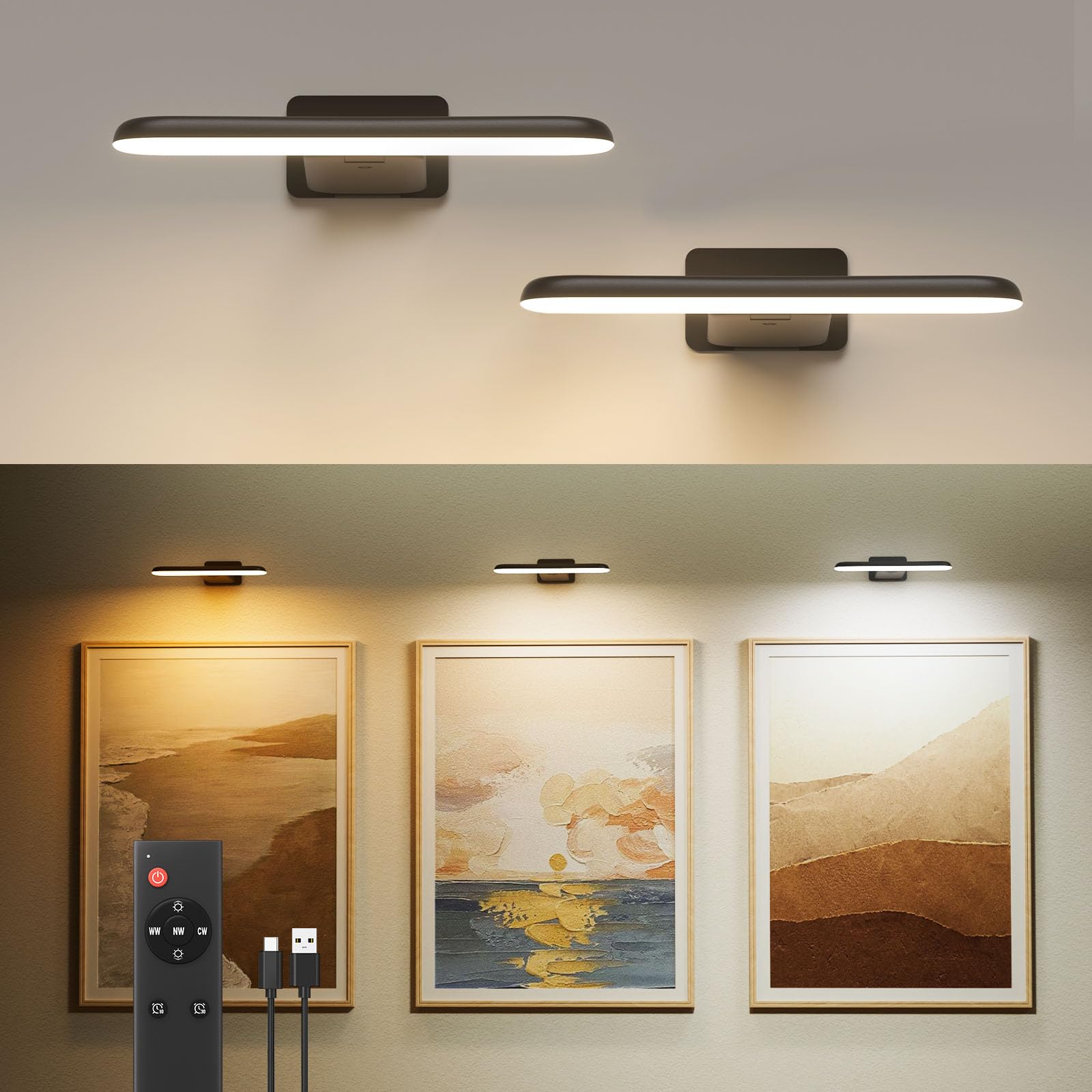 FULEN 2 Pack Picture Lights for Wall,Battery Operated Wall Sconce Rechargeable,LED Wall Light Cordless with Remote,3 Color Tempe