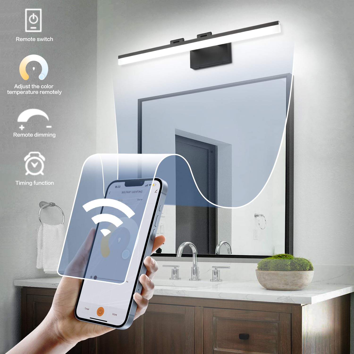 Solfart Adjustable Led Bathroom Vanity Light 31.5 Black Aluminum Over Mirror, App Control, Brightness & Color Adjustable