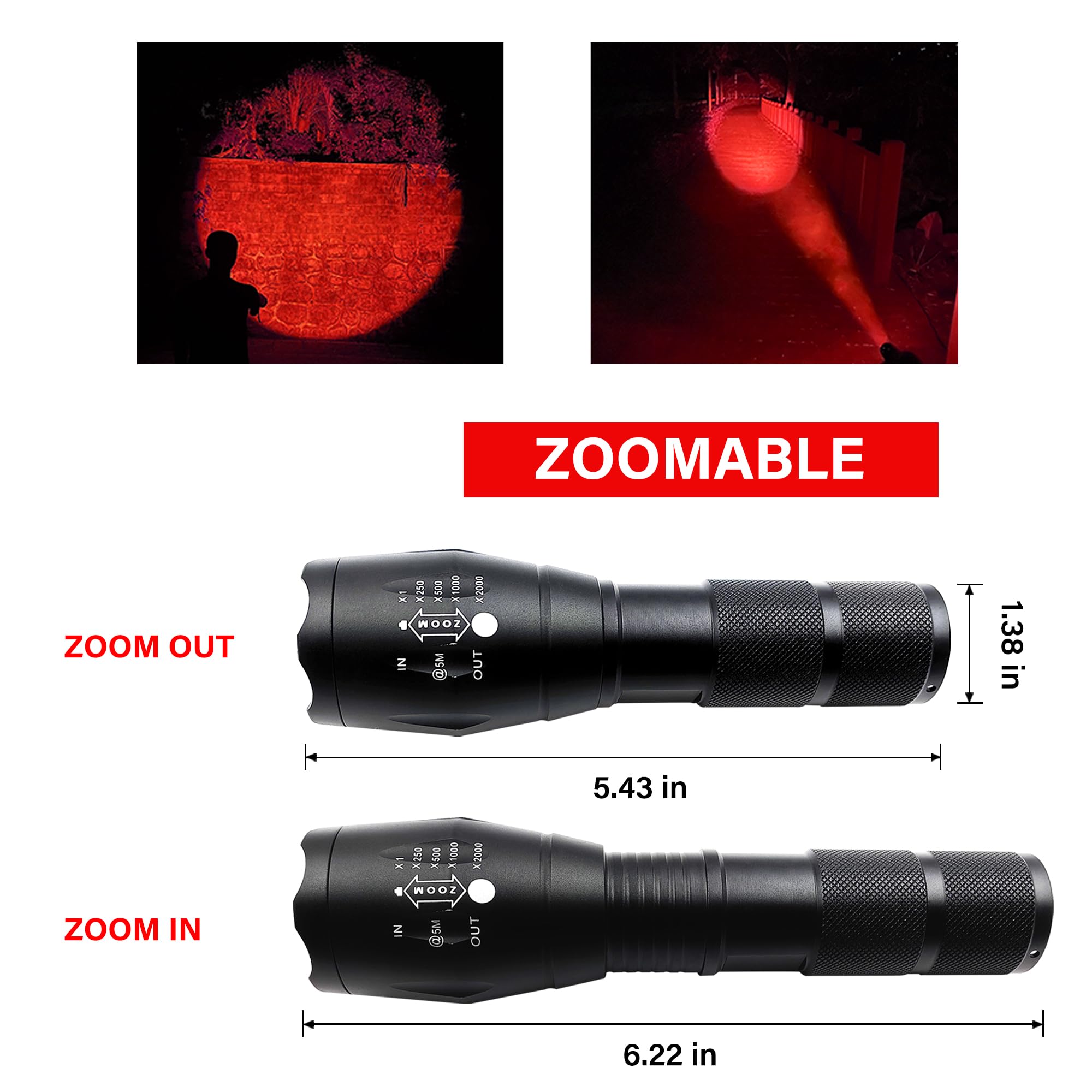 Souyos High Power Red LED Flashlight, Zoomable Long Range, Aluminum, Model: Souyos-GRBV2537, Red Light