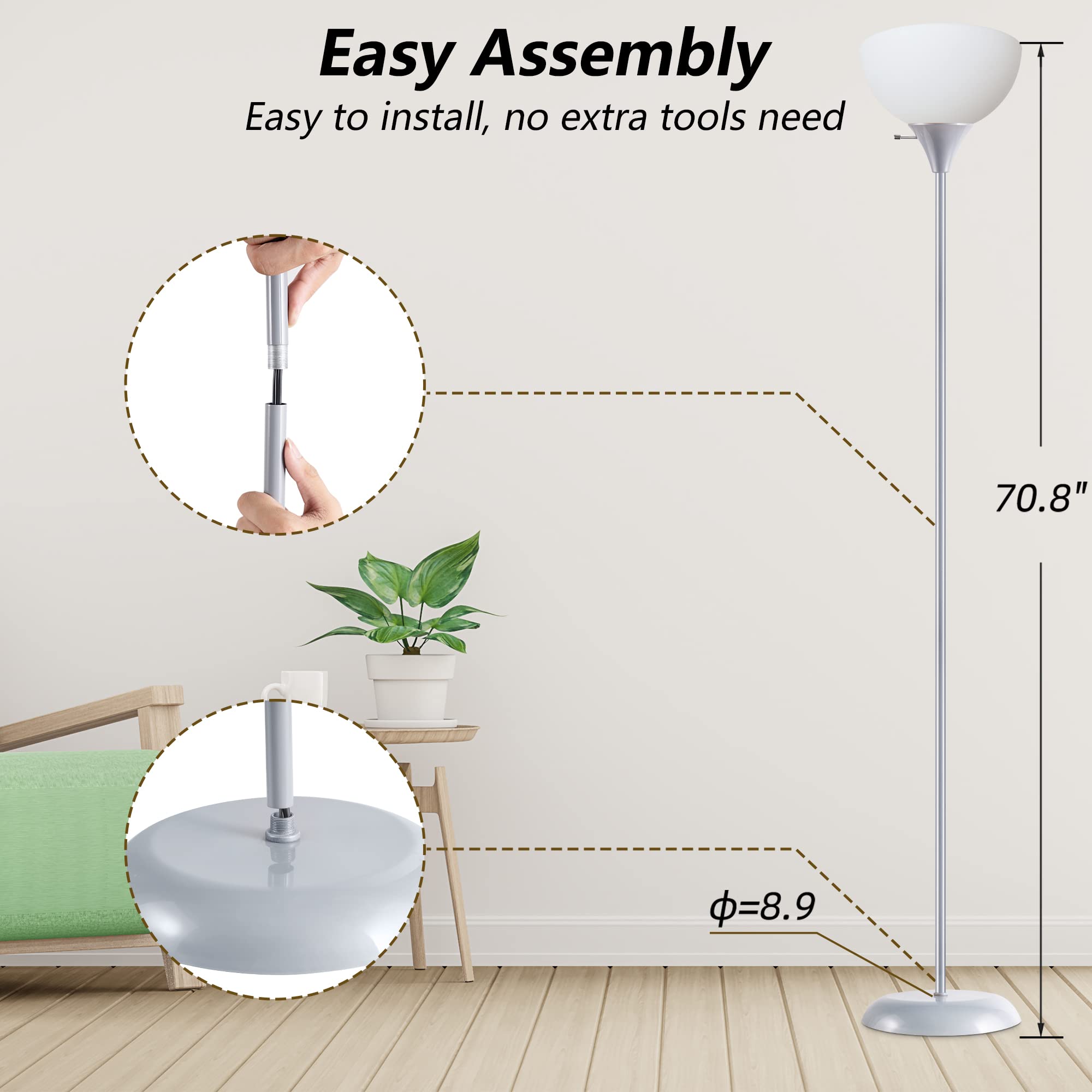 RISLG Modern Floor Lamp, Gray Metal, 3 Brightness Levels, E26 Socket, 70.8in Tall, Model RG00301