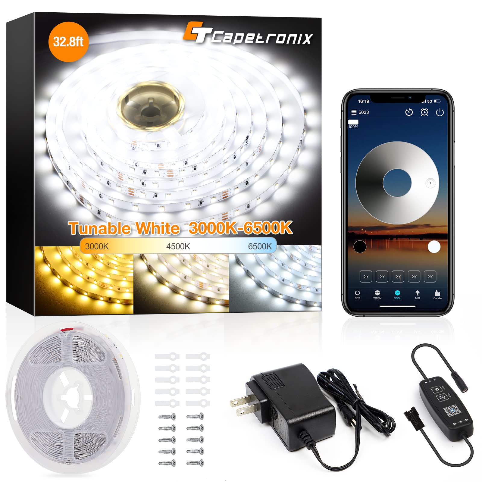 CT CAPETRONIX Tunable White LED Strip Light 3000K-6500K 32.8ft Vinyl Multicolor Dimmable with Adapter