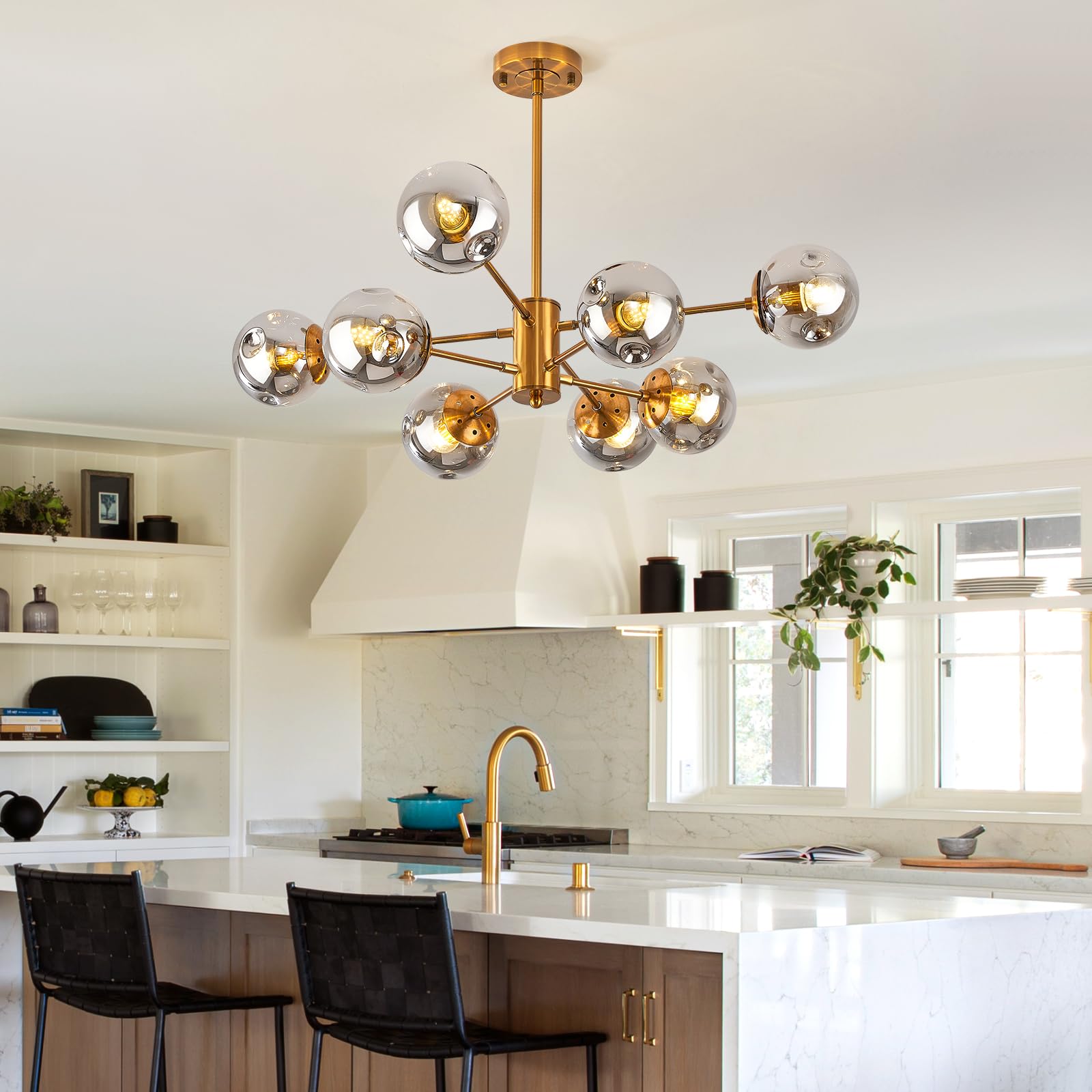 Ddlldeshi Gold Chandelier 8 Head Dining Room Light Fixture, Sliver Glass Globe Shade Kitchen Lights Modern Chandeliers (Ceiling