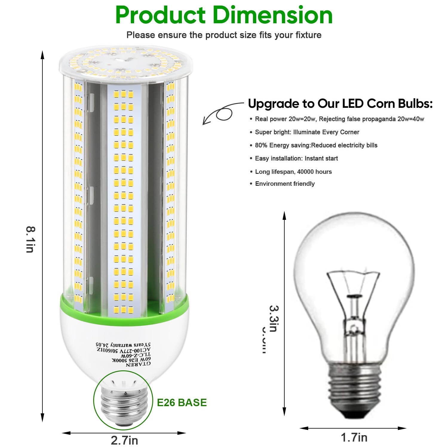 Gtaren 60W Led Corn Cob Bulb 600W Equivalent 5000K Daylight E26/E39 Base  8400 Lumens - Replace Cfl/Metal Halide/Hps For Warehouse Workshop Gym Yard Basement Lighting