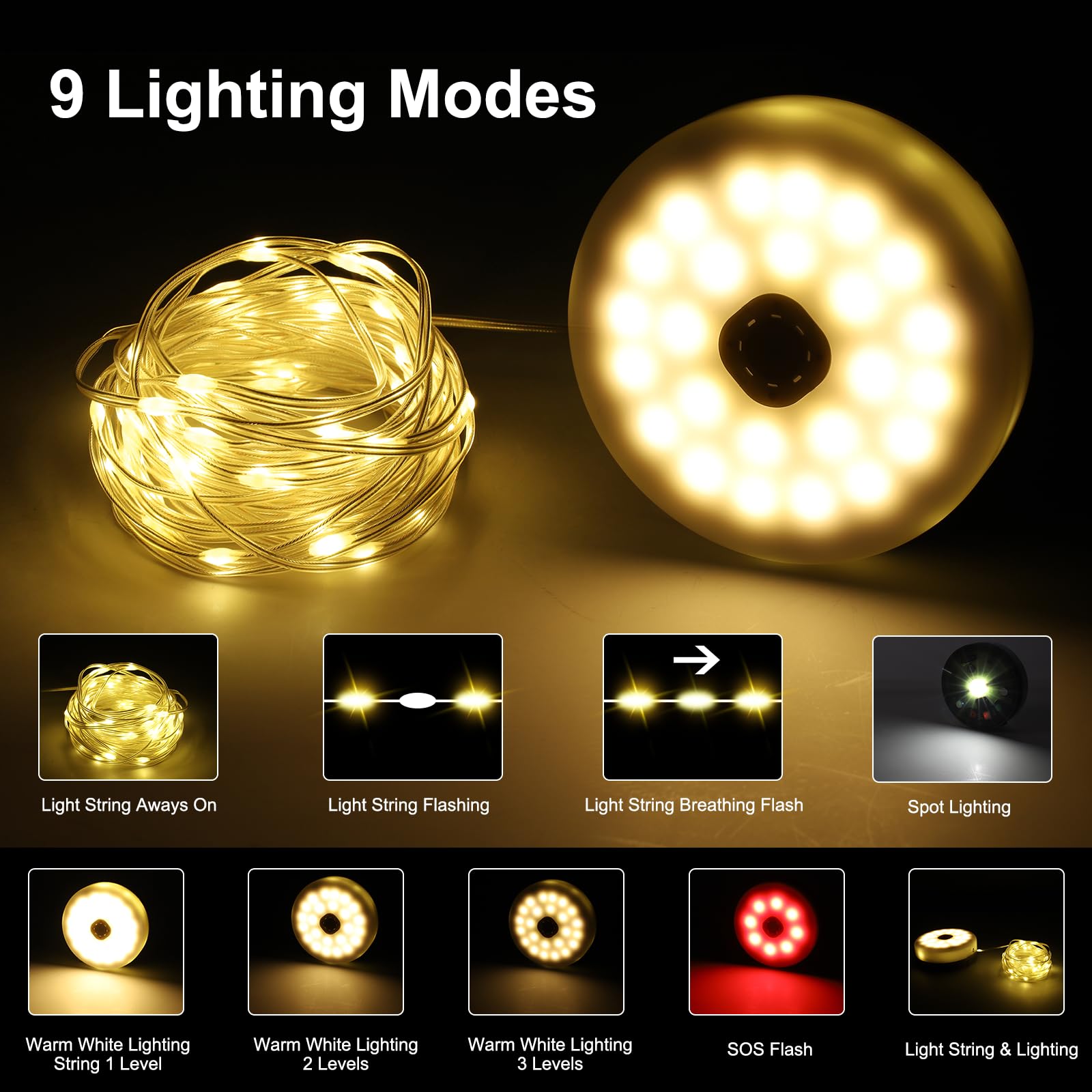 SMY Lighting 3 in 1 Camping String Light, Rechargeable 32.8Ft, Warm White, USB, Army Green, Model SMY-CPL-01