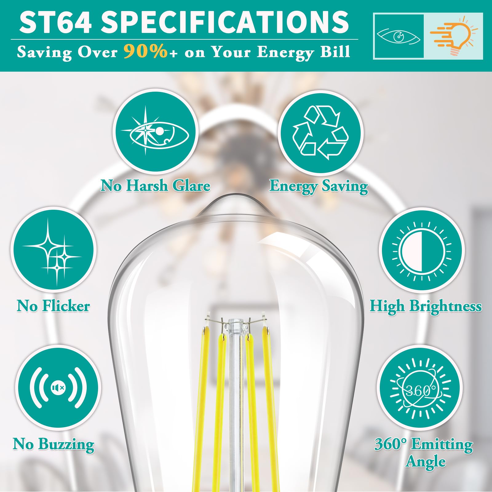 12-Pack Led Edison Bulb 100W Equivalent, Daylight White 5000K, 8W 1400 Lumens High Brightness, St64 Vintage Filament Light Bulb, Led Antique Bulbs, Cri 90+, E26 Medium Base, Non-Dimmable