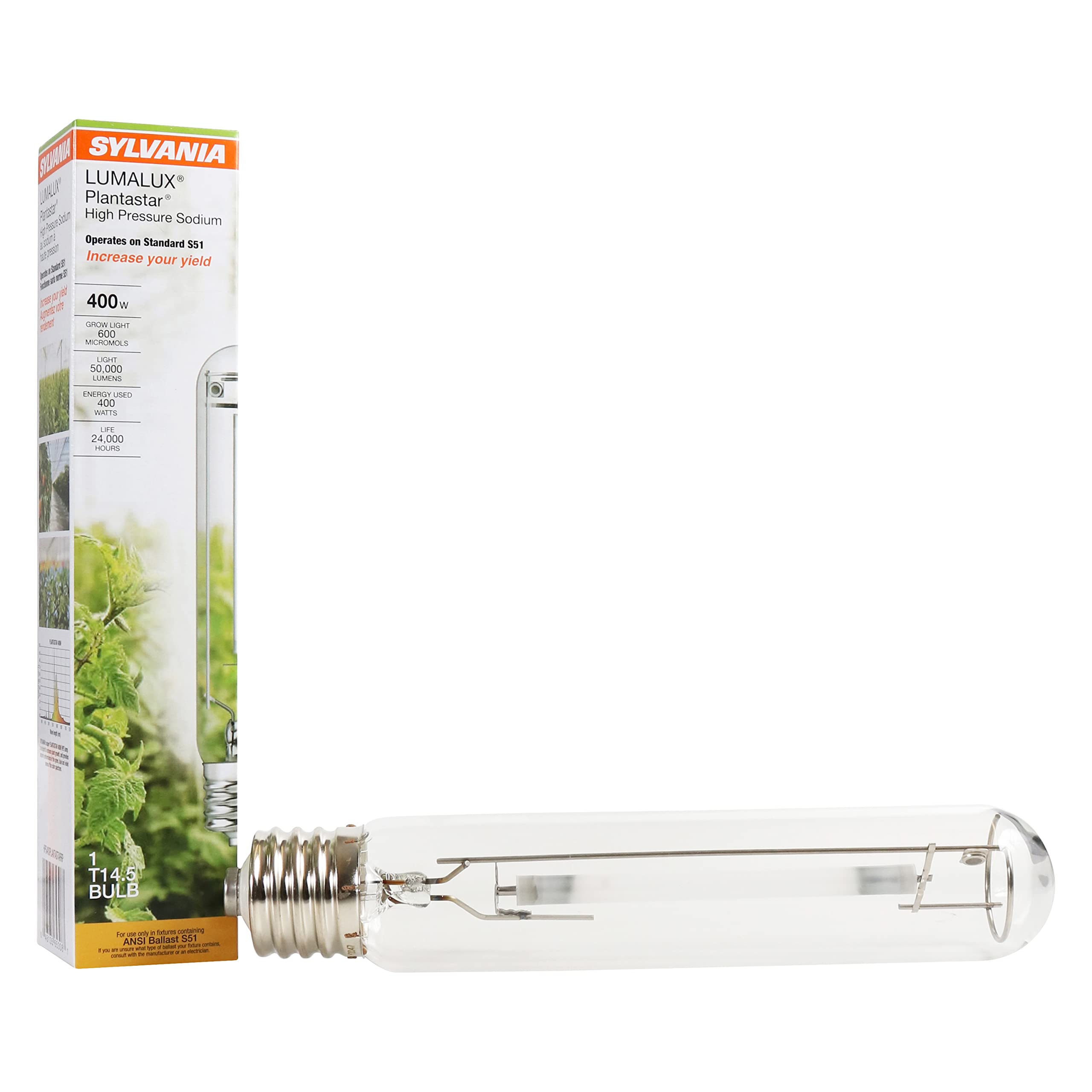 LEDVANCE SYLVANIA 400W High Pressure Sodium Grow Light, E39 Base, 50,000 Lumens, 2100K, Clear, Model 65308