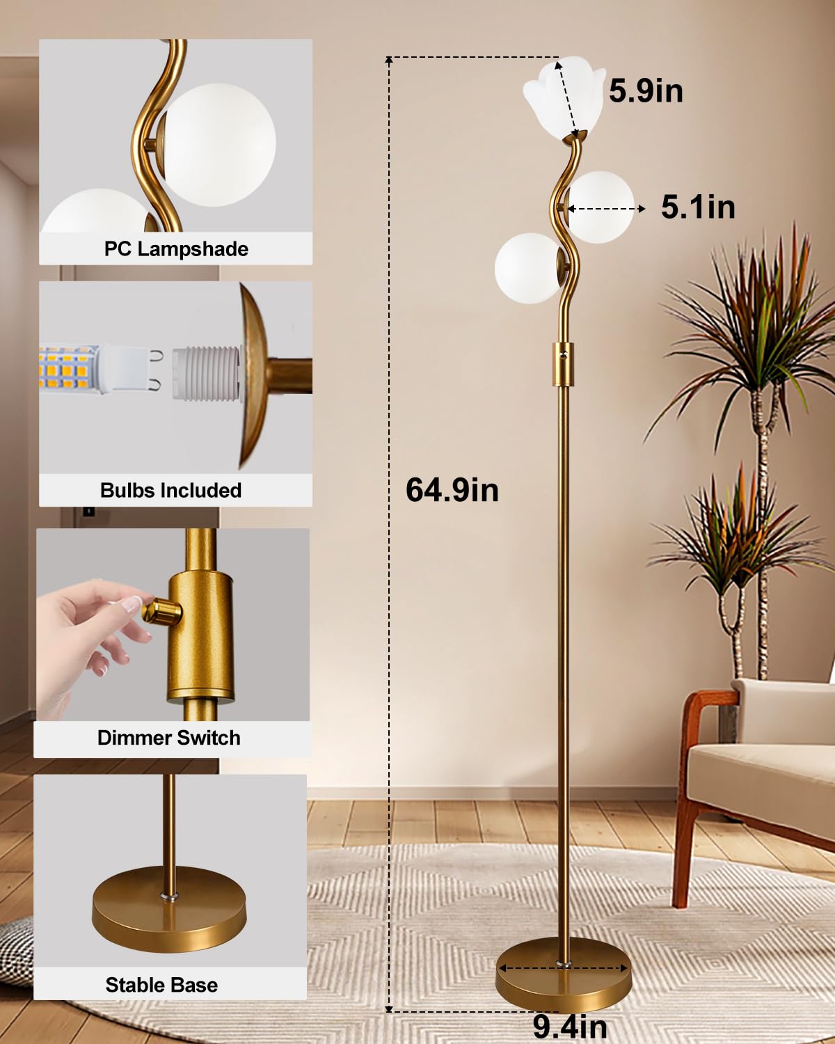 Lightdot 65In Dimmable Gold Floor Lamp For Living Room, Mid Century Modern Tall Standing Lamps With 1 Flower & 2Globe Lampshades