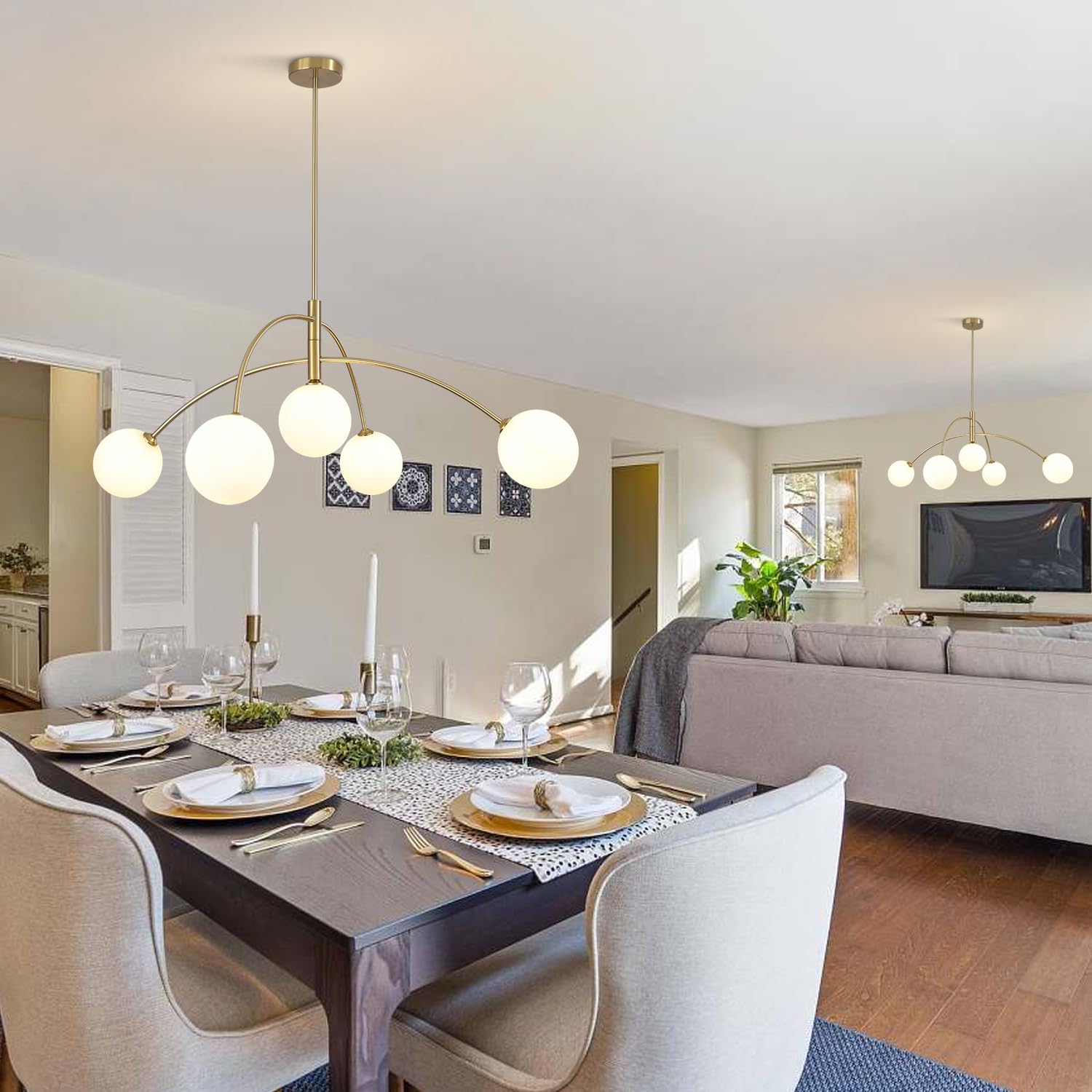 Fulesi Contemporary Gold Ceiling Light 5-Light Glass Globe Lights Mid Century Modern Sputnik Chandelier For Dining Room Kitchen