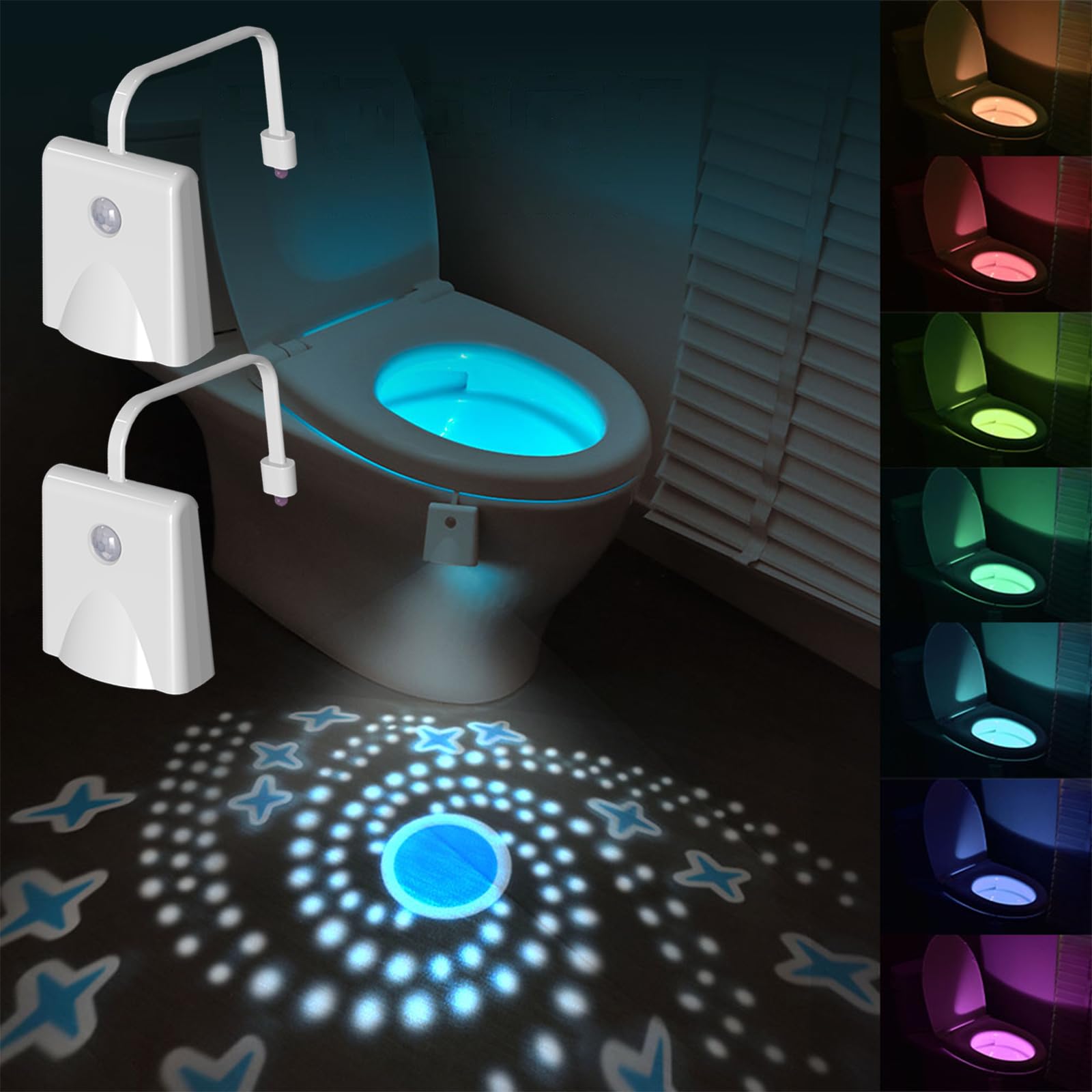 Toilet Light Motion Sensor, 16 Colors Changing Toilet Night Light with Star Projection Light, Rechargable Toilet Bowl Light LED 