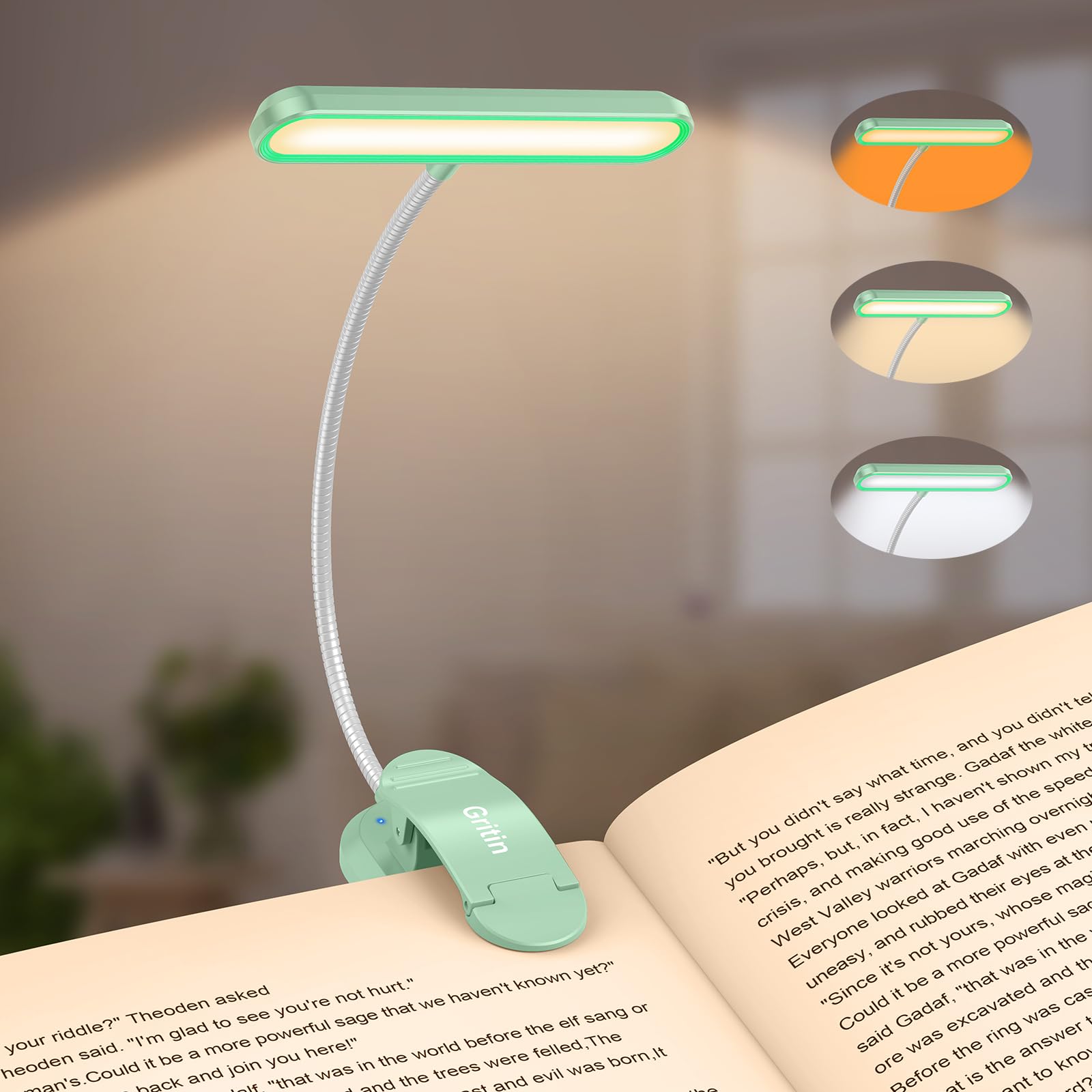 Gritin Rechargeable Book Light with 19 LED, 3 Color Temperatures, 5 Brightness Levels, Flexible Goose Neck, Model G1321, Light Orchid Green