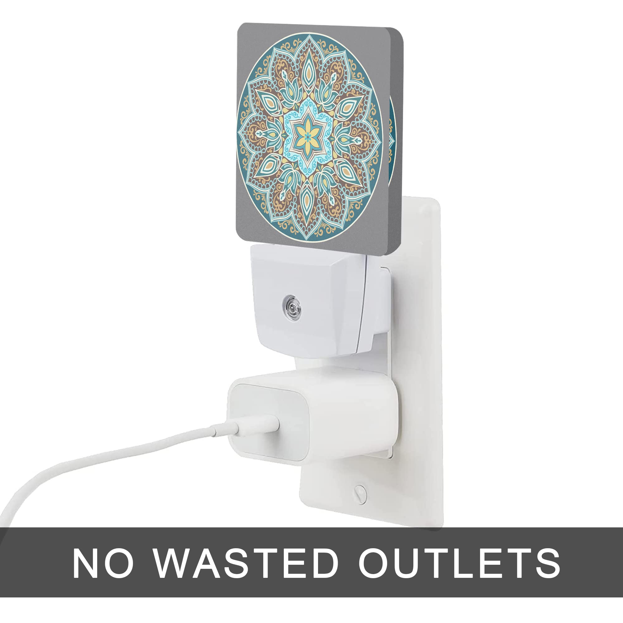 Oeaskly Mandala Floral Night Light,Yellow And Brown Ethnic Style Plug-In Night Lights With Dusk-To-Dawn Sensor For Stairway/Hall