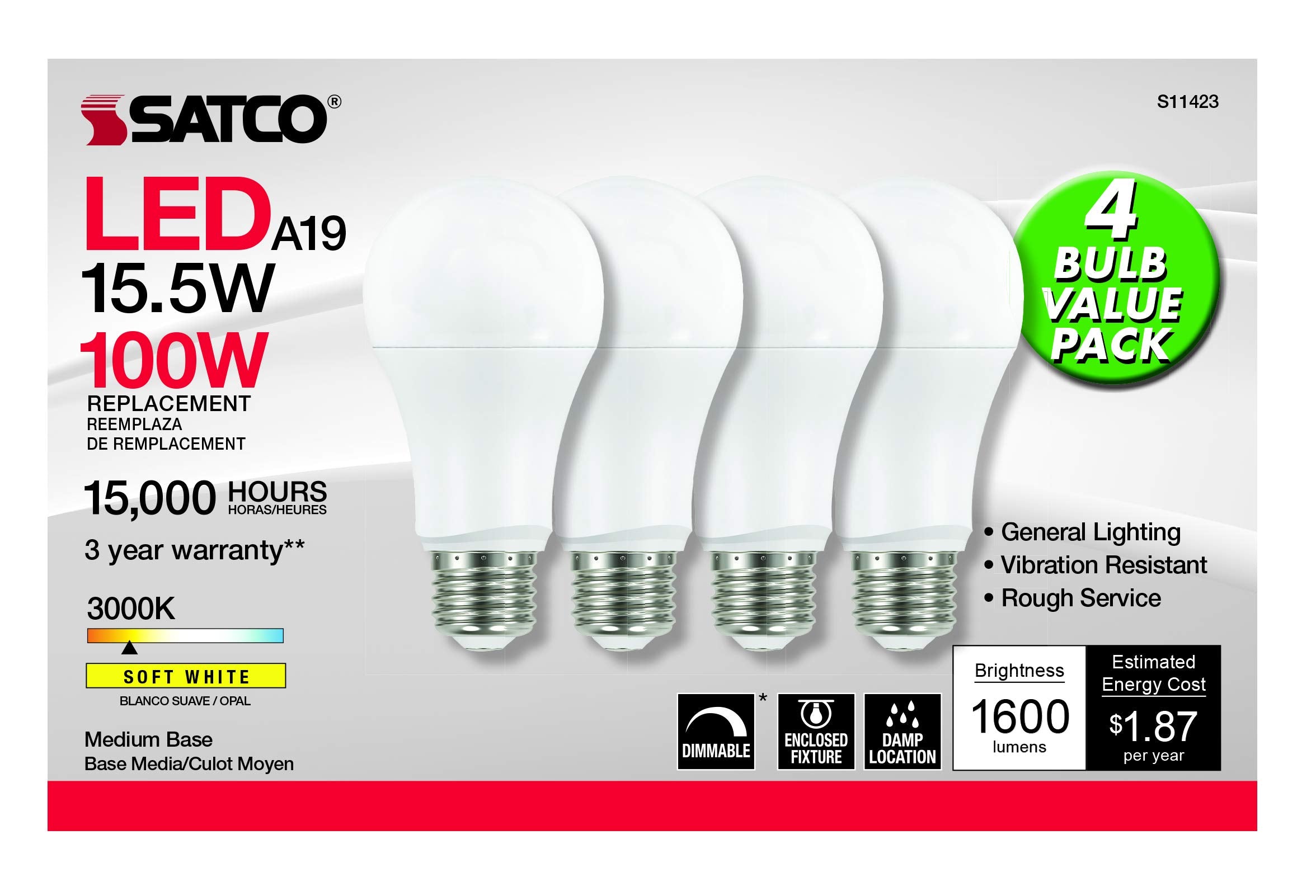 Satco A19 LED Light Bulbs, 15.5W, 1600 Lumens, 3000K, E26 Medium Base, Model S11423-6, Pack of