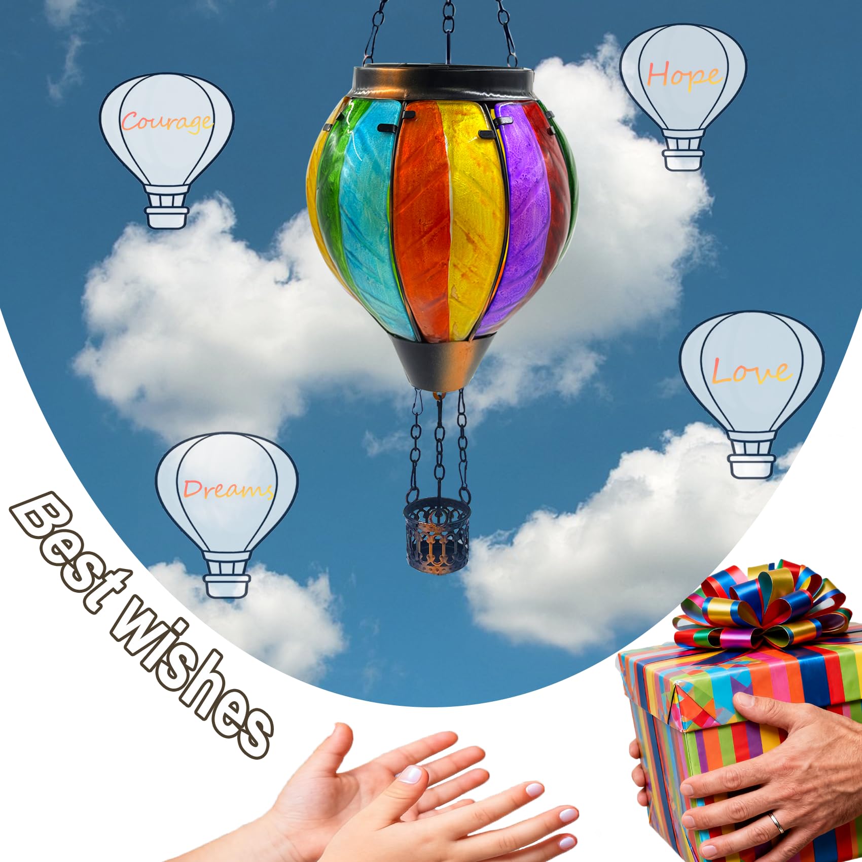 Twirleternity Hot Air Balloon Solar Lanterns - 2PCS Waterproof Outdoor Hanging Lights, Metal Hook, Flickering Flame, Rainbow Color