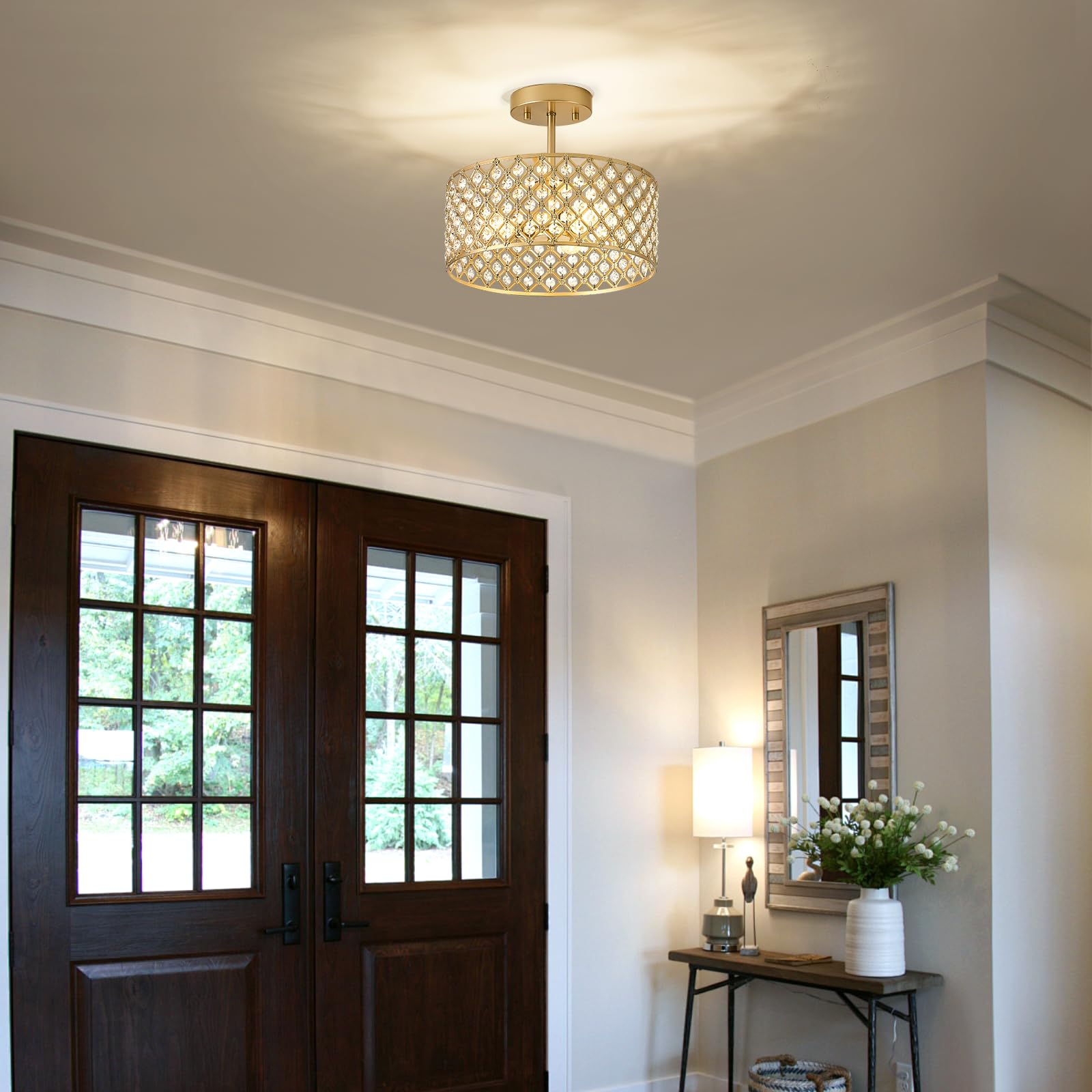 Bzvesr Gold Crystal Ceiling Light Fixture,Modern Semi Flush Mount Ceiling Lighting Fixture,Round Small Chandelier For Dining Roo