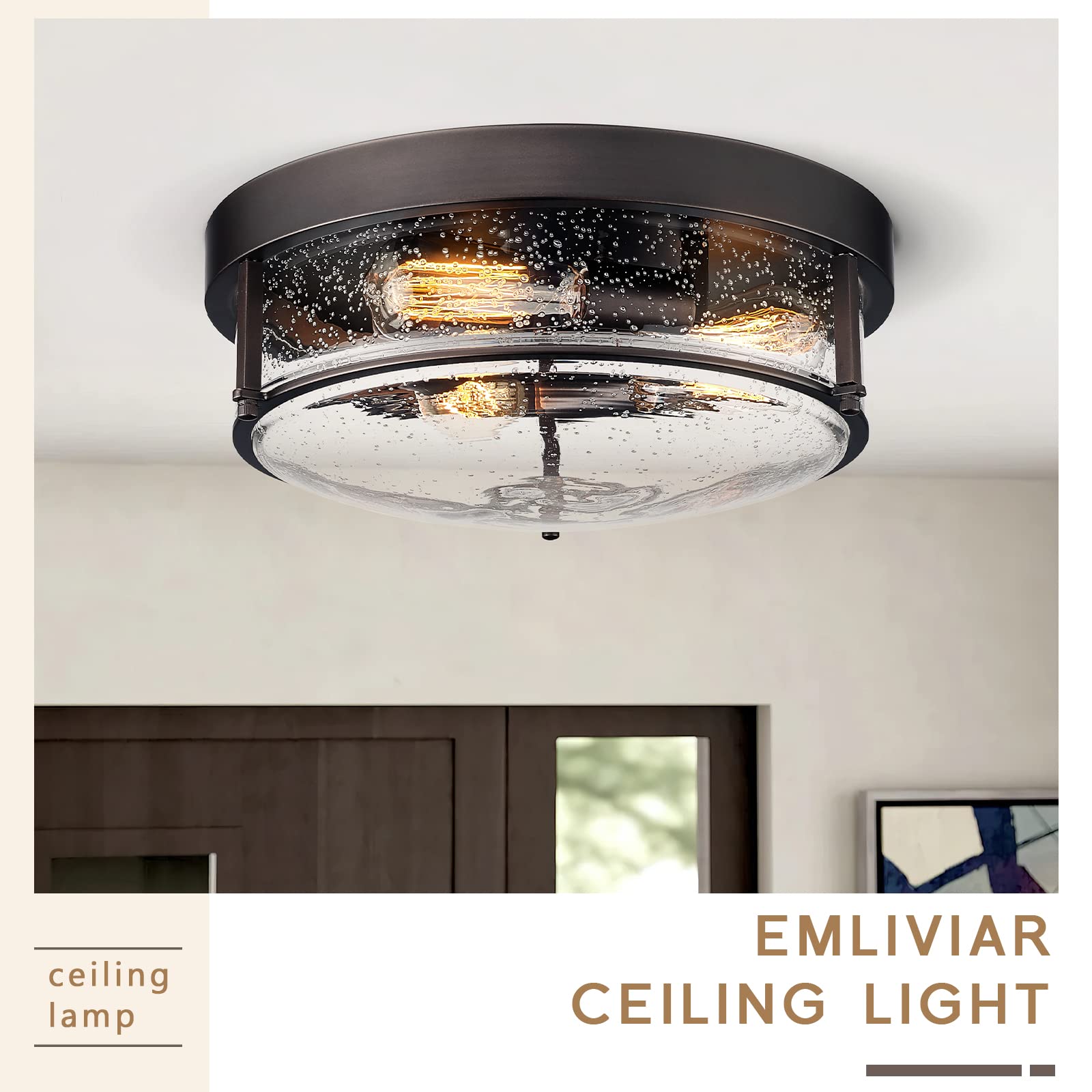 Emliviar 15&quot; Farmhouse Flush Mount Ceiling Light, Oil-Rubbed Bronze, 3-Light Pendant For Porch & Kitchen