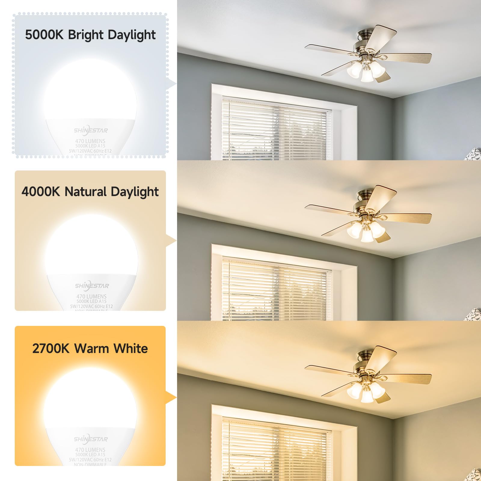 Shinestar 12-Pack E12 Small Base Ceiling Fan Light Bulbs, 40W Equivalent, 5000K Daylight White, A15 Shape Led Candelabra Bulb, N