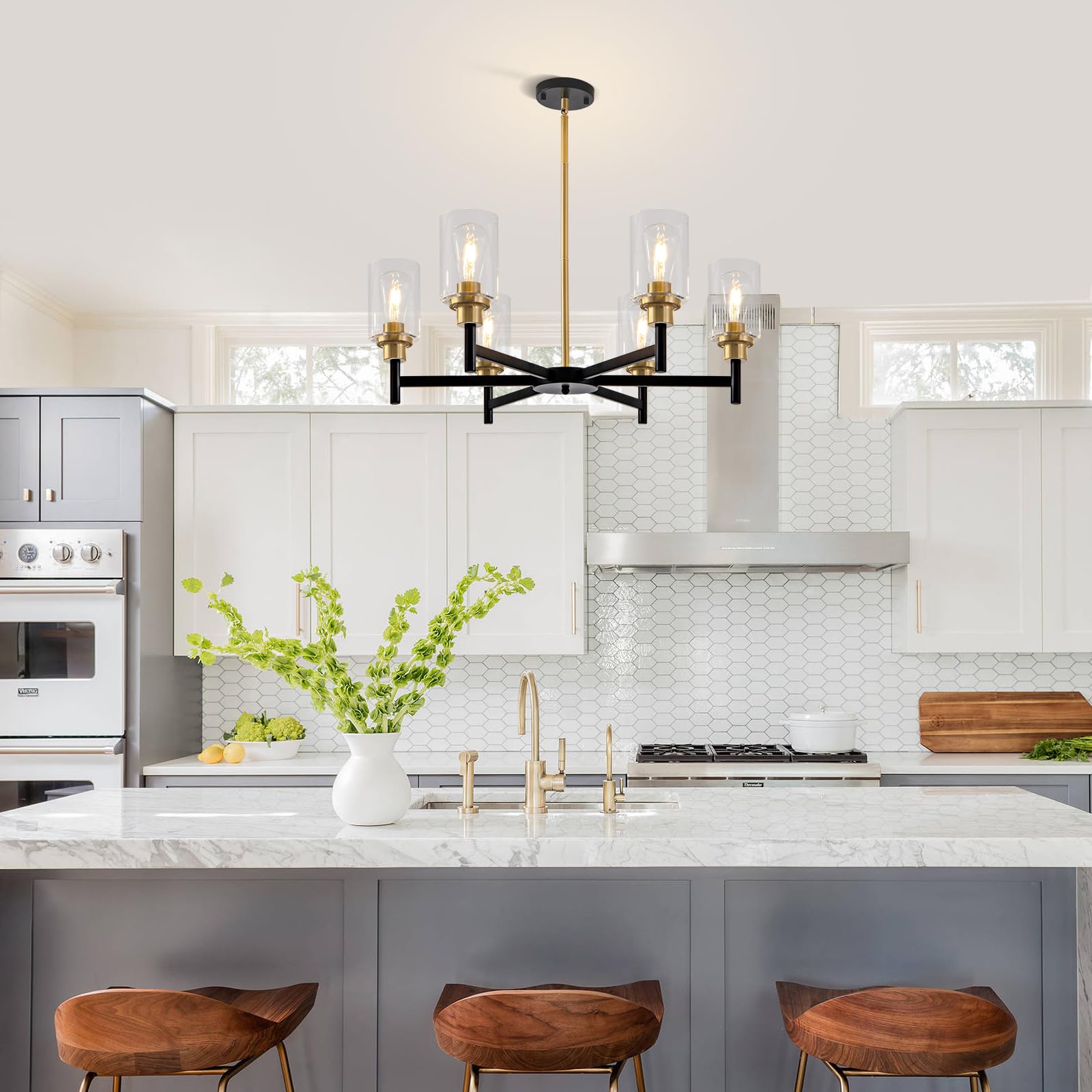 Hccz 6 Light Dining Room Light Fixture Black & Brushed Brass Gold Farmhouse Chandelier Over Table Modern Hanging Pendant Lightin