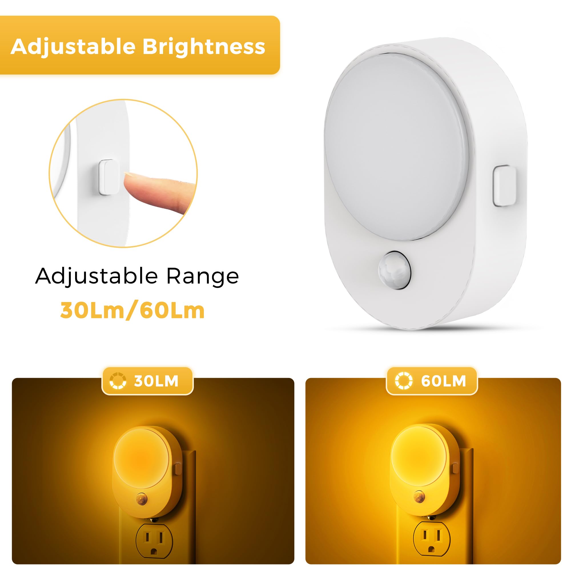 L LOHAS LED Motion Sensor Night Light, 2-Pack Amber Plug-in with Dusk to Dawn & Adjustable Brightness for Bathroom, Hallway, Kitchen