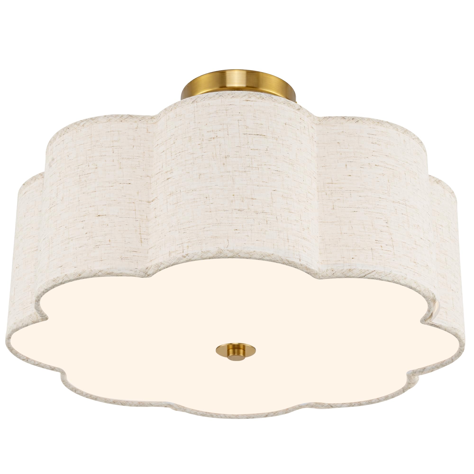 AUTELO 3-Light Bedroom Ceiling Light, 17.7 Inch Brushed Gold Semi Flush Mount Ceiling Light with Flower-Shaped White Fabric, Far