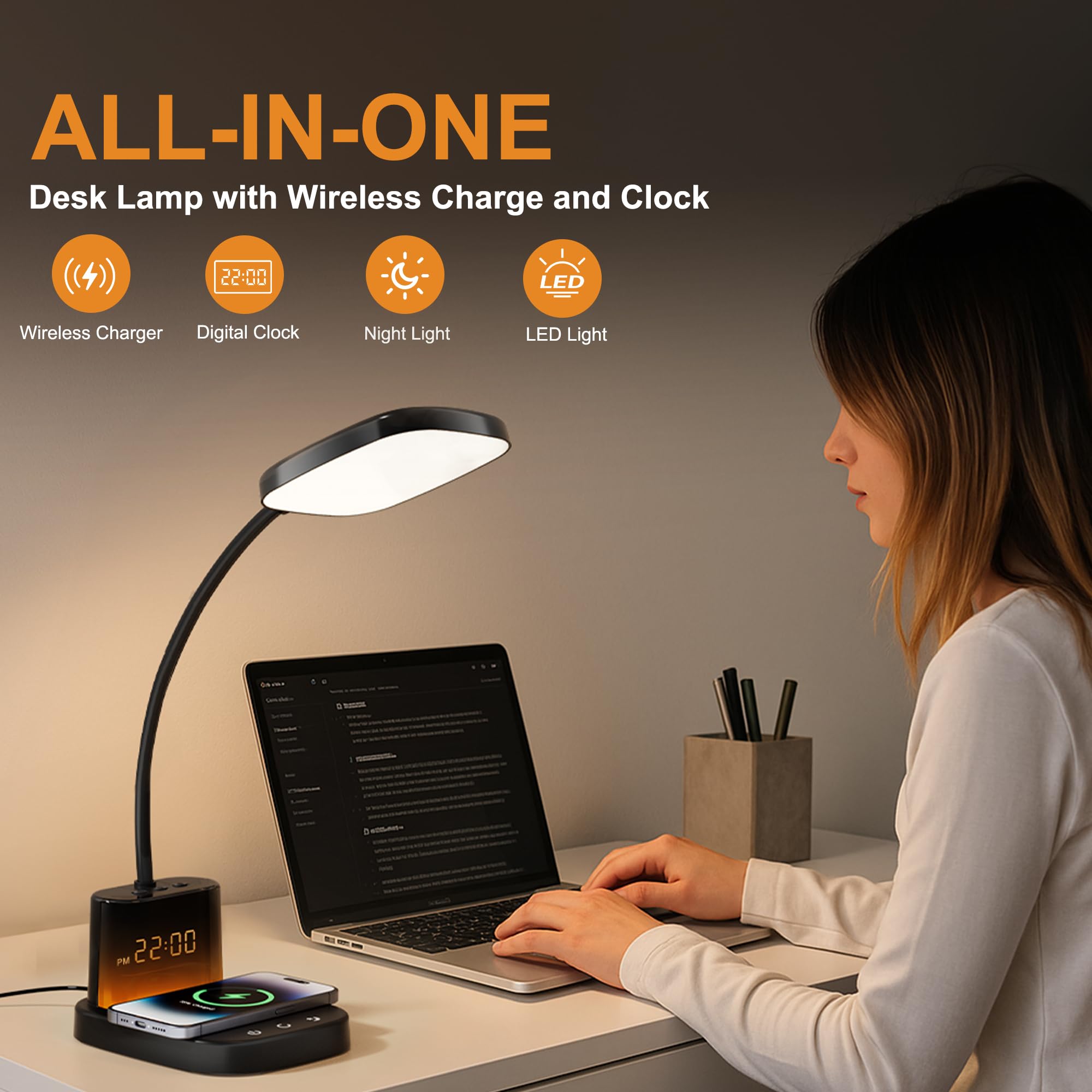 Sailstar LED Desk Lamp with Wireless Charger & Clock, 800LM, 3 Color Modes, 5.11x6.29x23.85 inches, Light Black, Model DL-C
