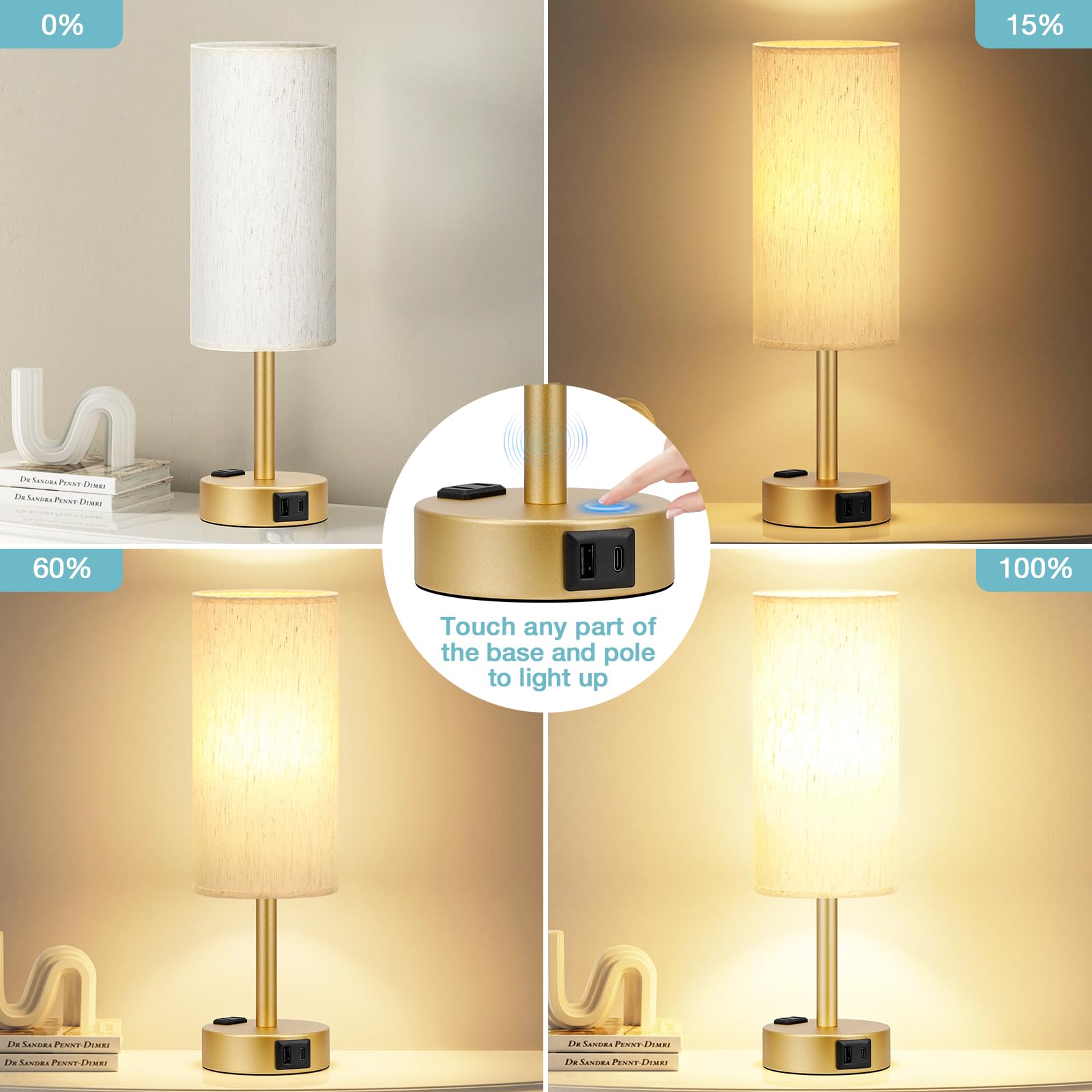 Fenmzee Gold Nightstand Lamp - 3 Way Dimmable Touch Control, 14" Cream Linen Shade, USB C Charging, LED Bulb Included