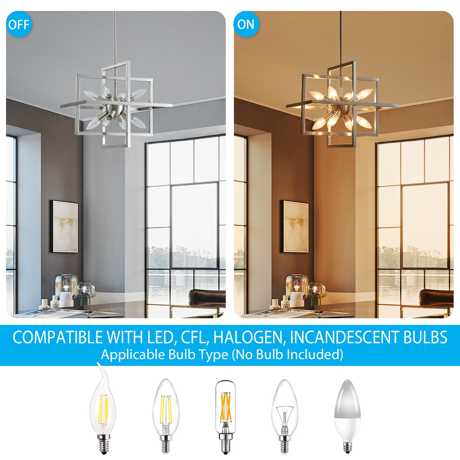 XINGQI 8-Light Modern Chandelier Brushed Nickel Geometric Pendant Lighting for Dining Room, Kitchen, Living Room, Bedroom