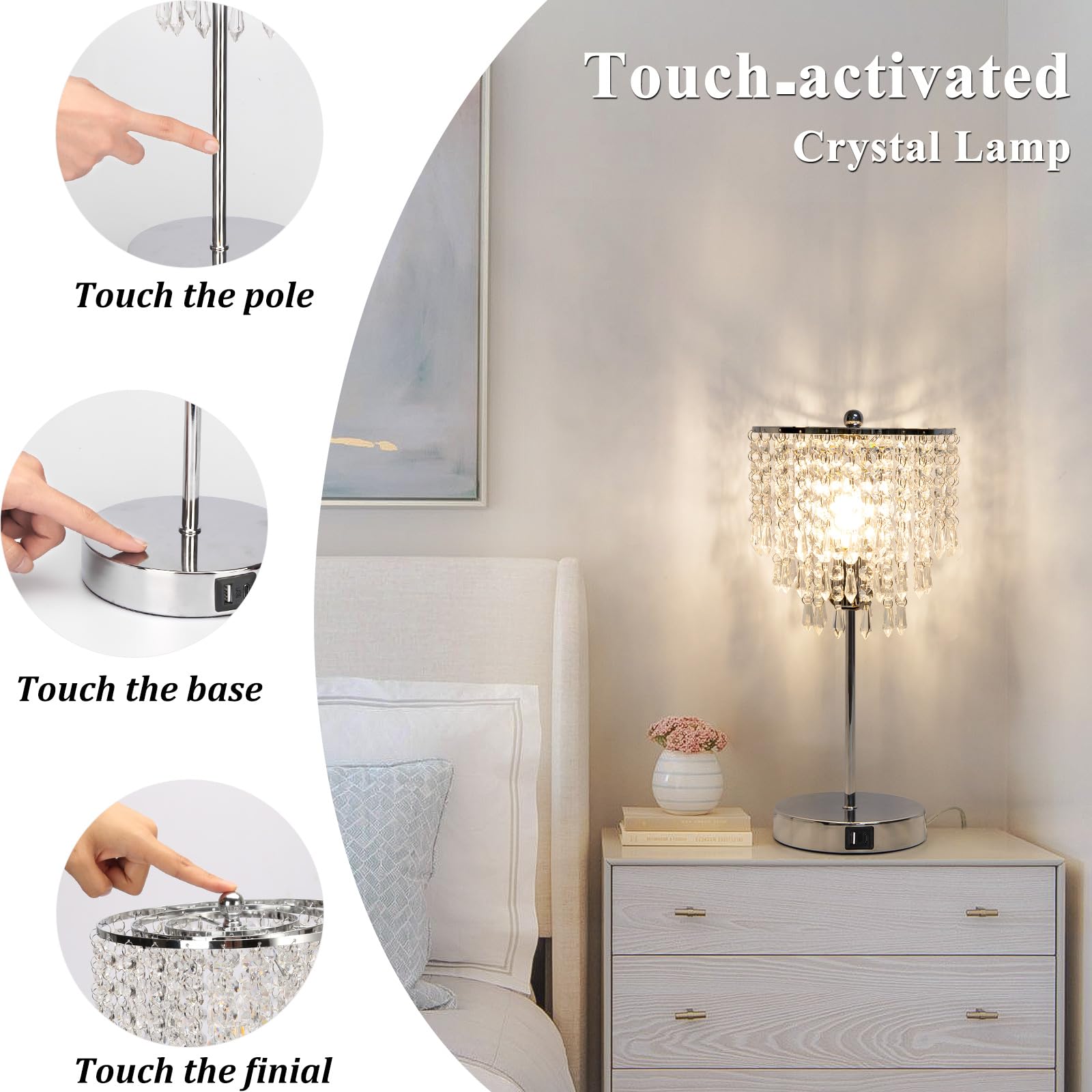 Seaside Village Touch Control Crystal Table Lamp, 3-Way Dimmable, USB Ports, Silver, Model 13047, B11 LED Bulb Included