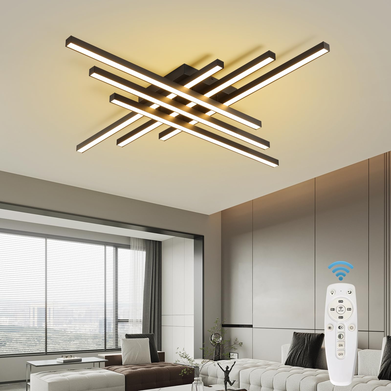 Jaymp Modern Ceiling Light With Remote, 43.3'' Black Sputnik Ceiling Lamp, 96W Dimmable Led Lighting Fixture For Dining Room, Li