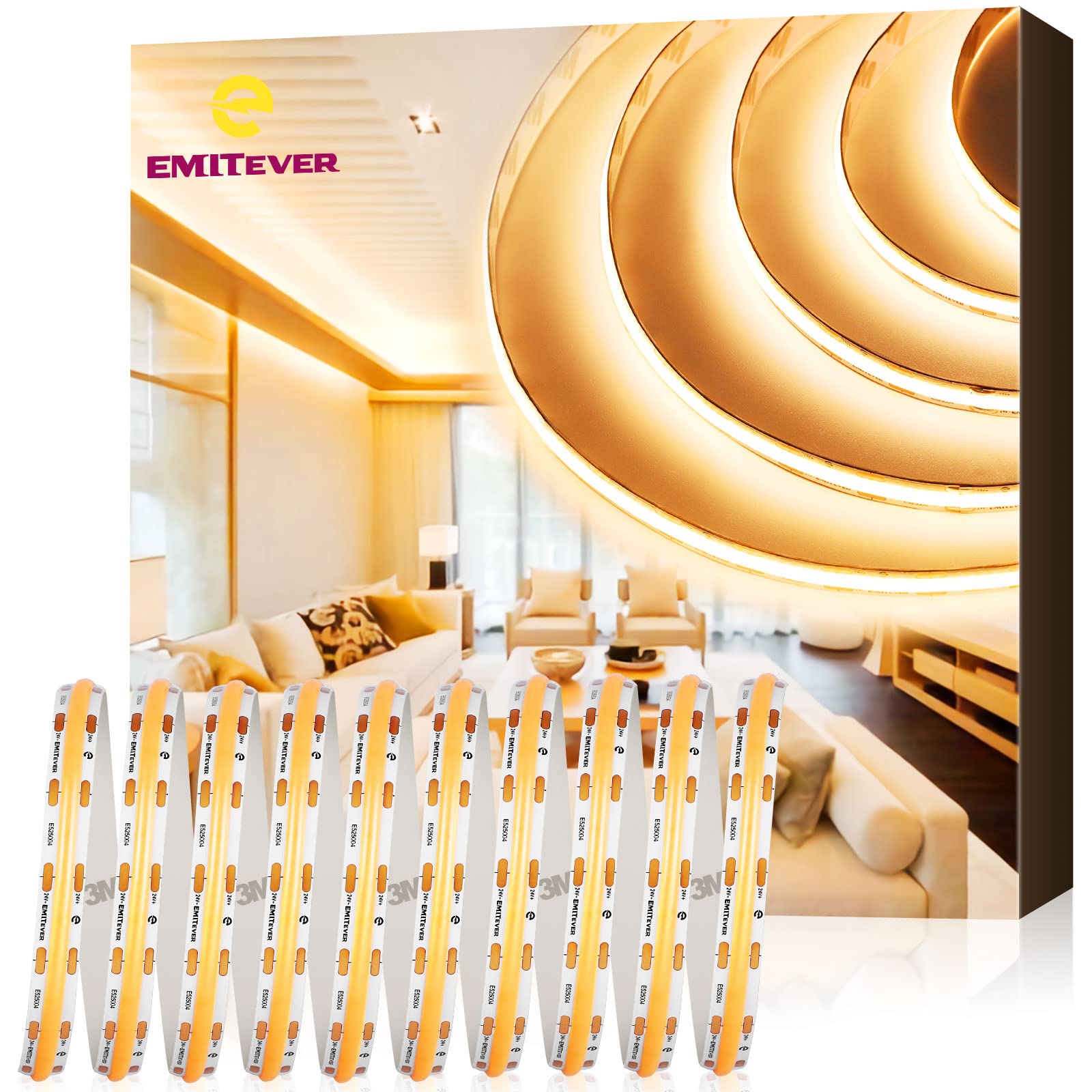 EMITEVER COB LED Strip Lights Warm White, 2700K Tape Light 32.8ft, Premium High Density, DC 24V, 300+Lumens/ft, 4800LEDs/Spool, 