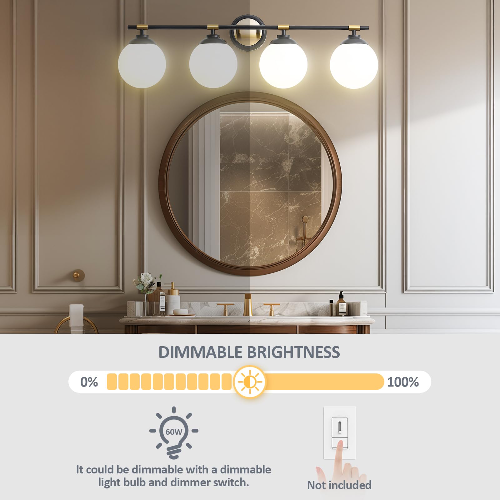 Rayogale 32 Inch Black Gold Bathroom Light Fixtures, 4 Light Vanity Lights Over Mirror, Modern Vanity Lights For Bathroom, Milk