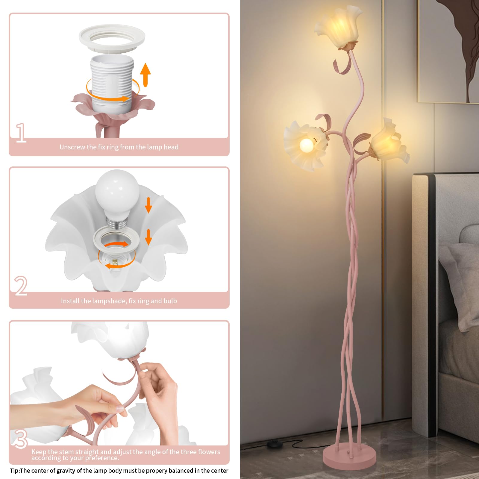 Fuzzbopn Flower Floor Lamp For Living Room, Tall Standing Reading Lamp With Flexible Neck Shaft For Bedroom Decor, Modern Corner