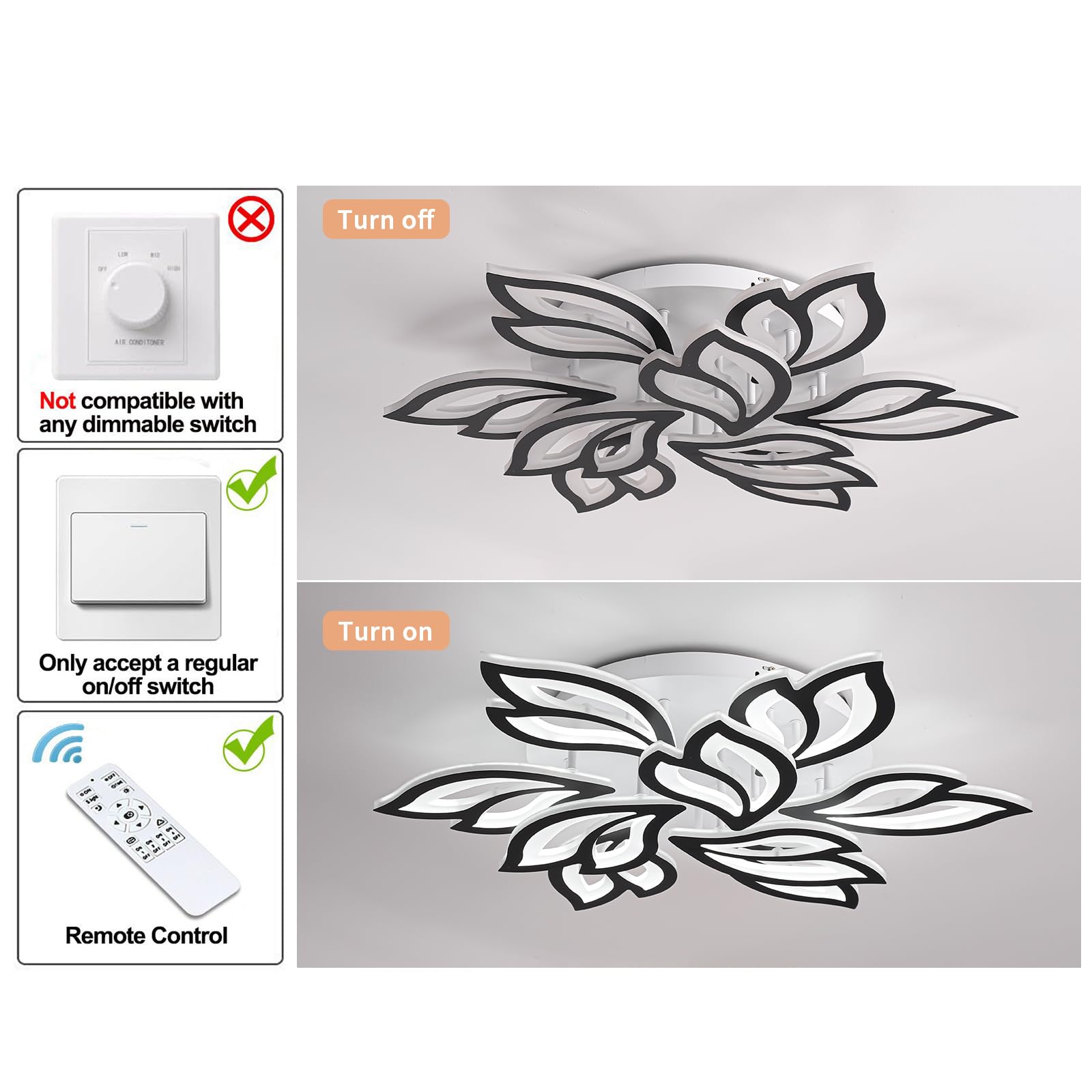 Garwarm Led Ceiling Light  Dimmable Modern Flower Shape Flush Mount Ceiling Lamp  75W Acrylic Petals Ceiling Chandelier Lighting With Remote Control For Living Room Bedroom Dining Room (Black)