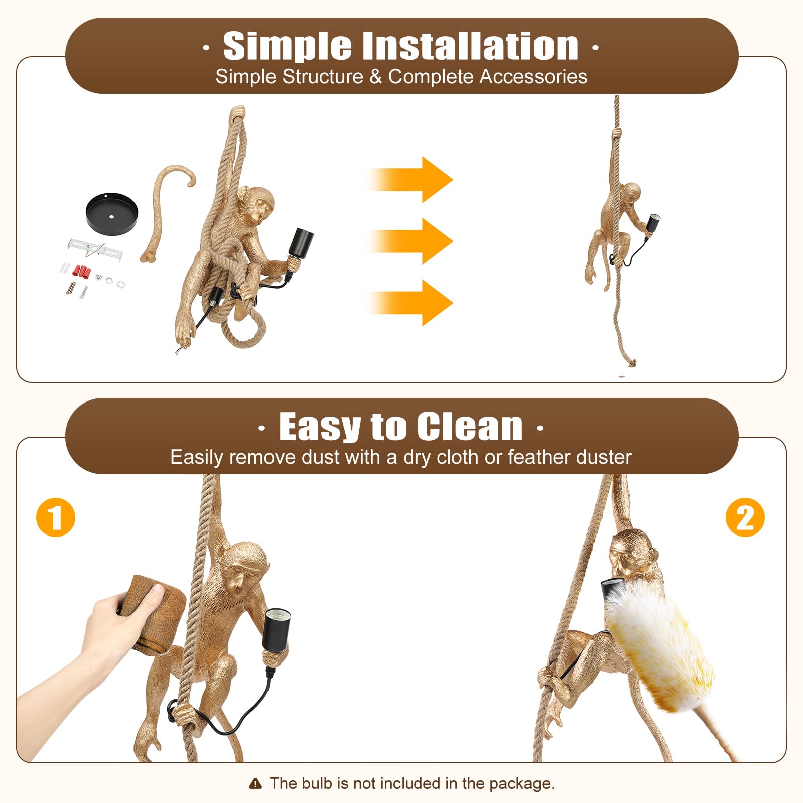 Huashuani Creative Monkey Hanging Lamp, Monkey Shape Decoration Chandelier, Industrial Retro Edison Ceiling Pendant Light Fixtur