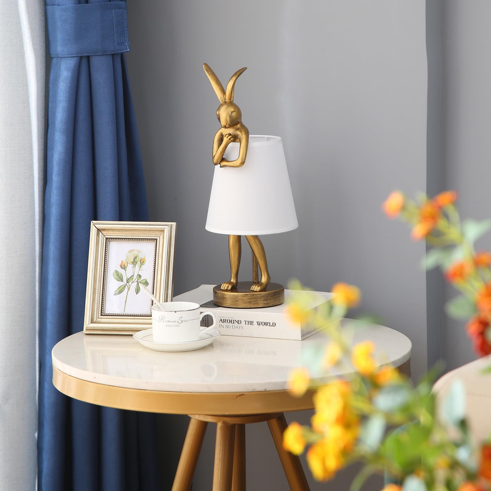 Nordiem Cute Rabbit Animal Table Lamp, Creative Gold Resin Apron Led Desk Light,White Linen Shade,15.7'', Home Decor Eye Protect