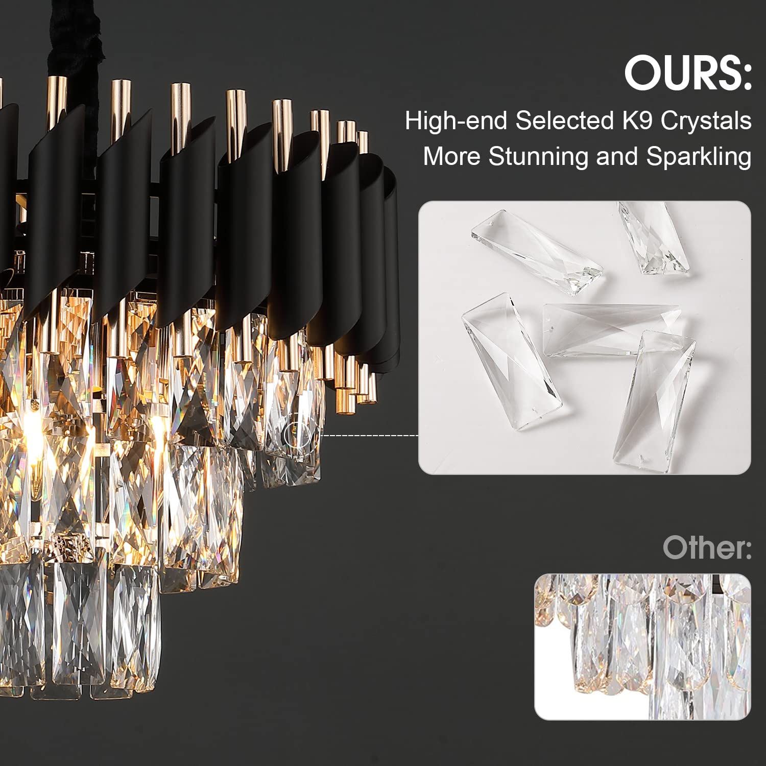 A AXILIXI Modern Crystal Chandelier 3-Tier 16" Flush Mount Black & Gold Dimmable Lighting for Living Room, Dining Room, Kitchen