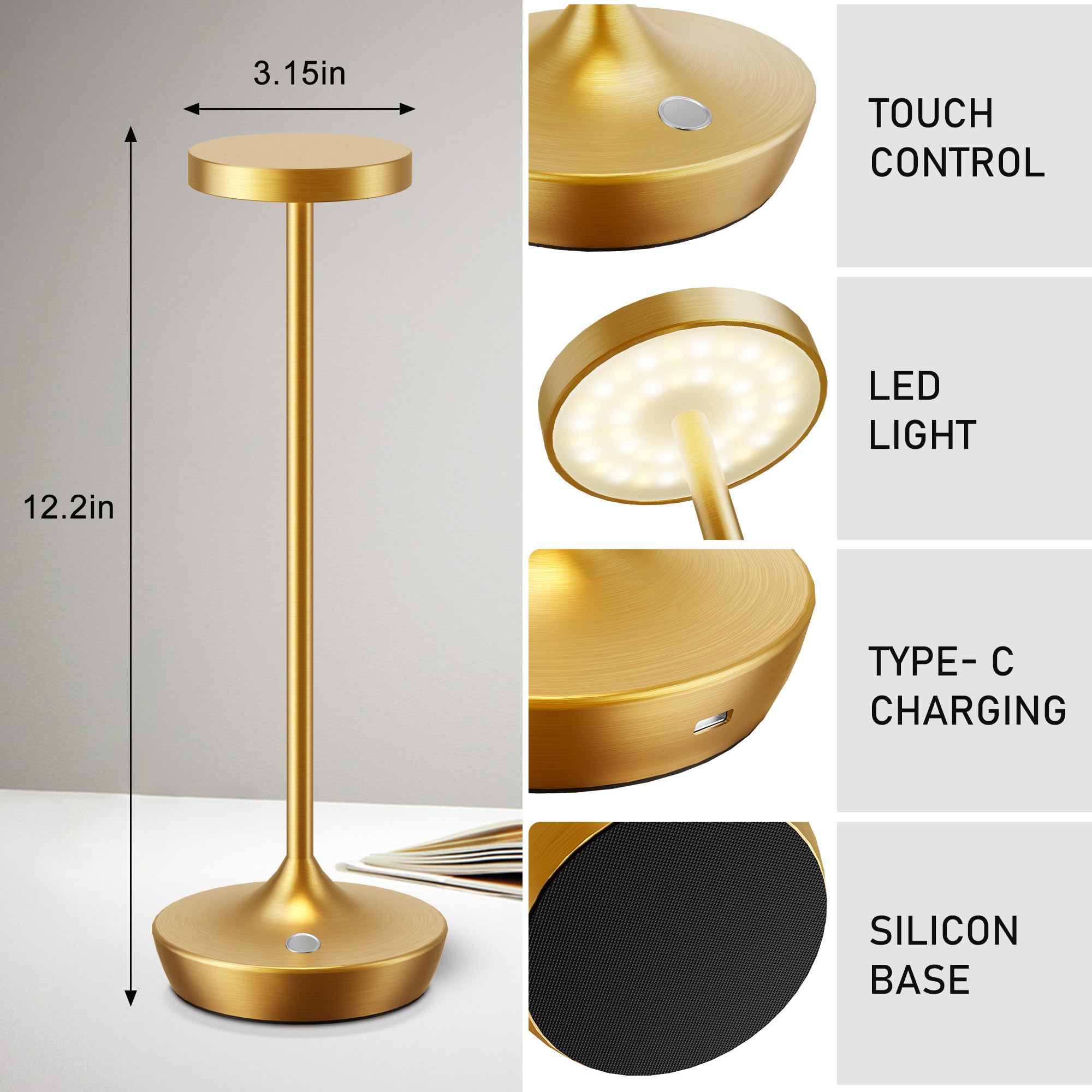 Willdoak Cordless Rechargeable Table Lamp - 6000Mah Led, Touch Dimmable, Waterproof, 2 Gold