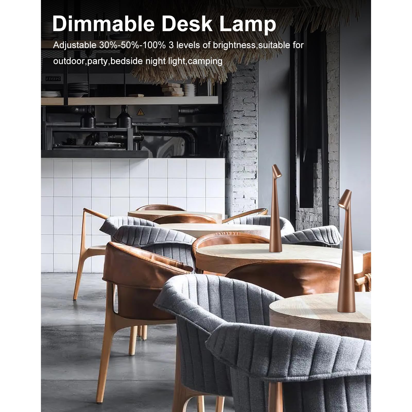 Hebangya Cordless Table Lamps Set of 2, Rechargeable Battery, 3 Levels Brightness, Brown, Portable Desk Light