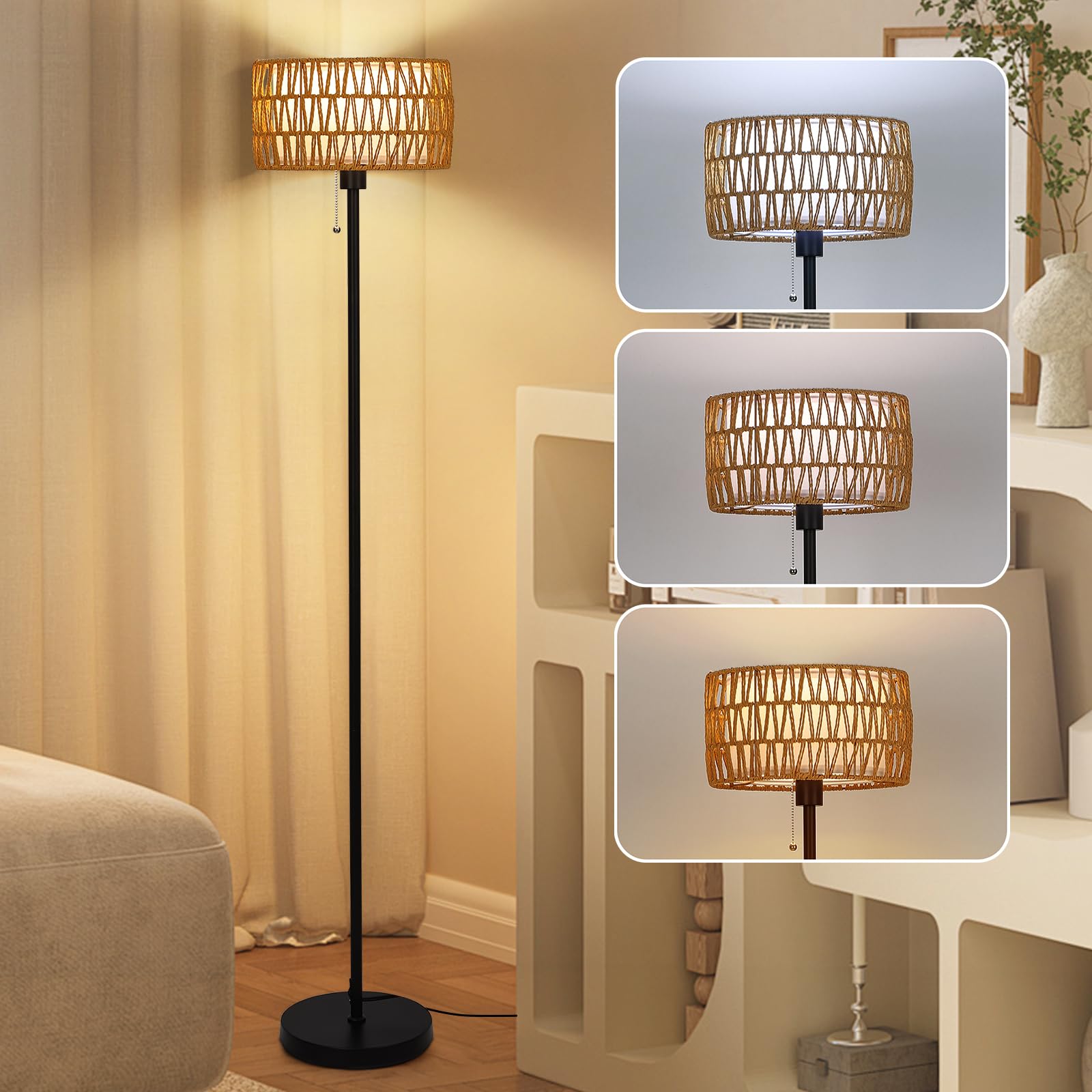Netin Rattan Floor Lamp For Living Room, Boho Standing Lamp With 3 Color Temperatures, Farmhouse Floor Lamp Wicker Lamp Double S