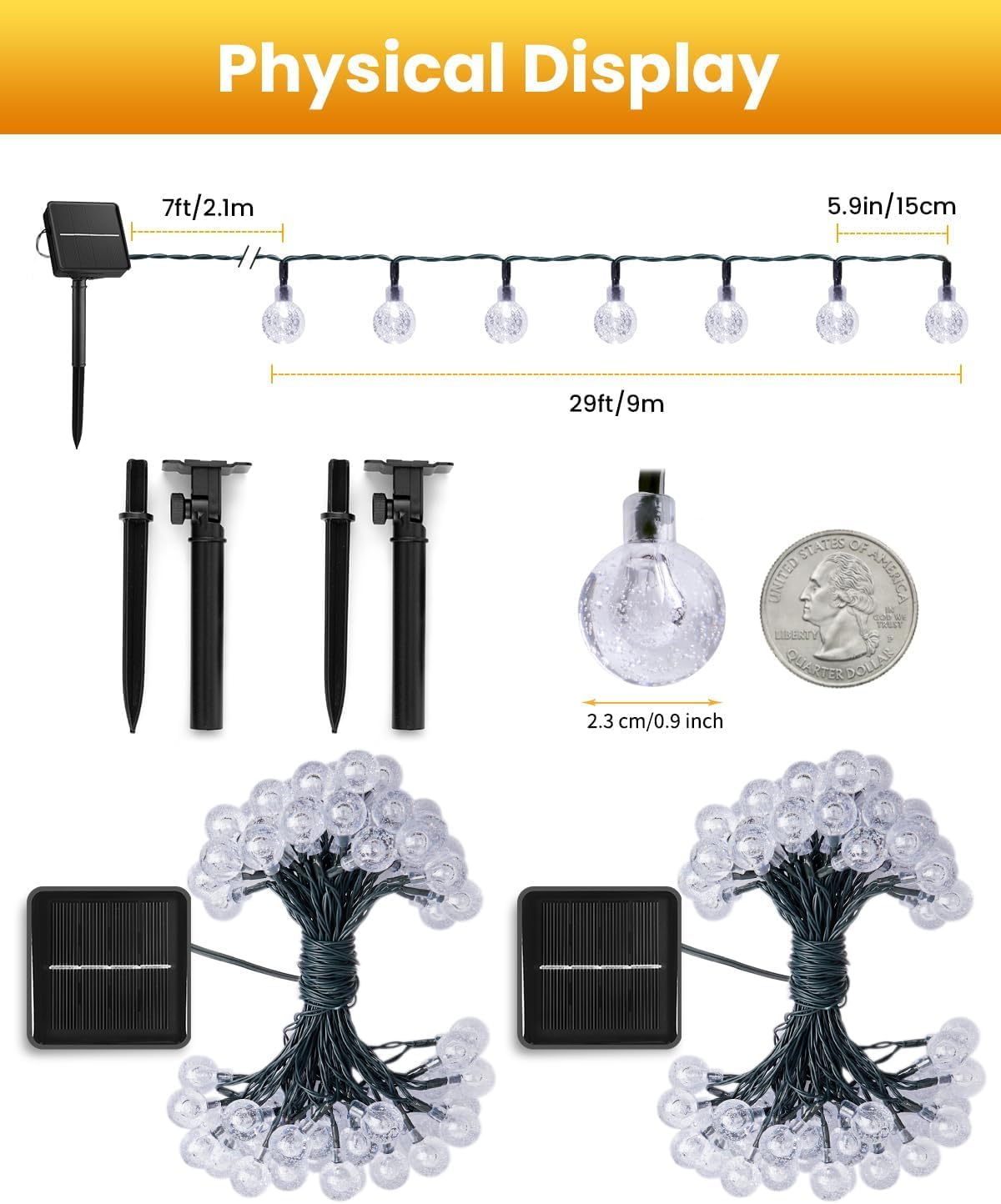 Solar String Lights Outdoor Waterproof  2 Pack 60 Led 36.5 Ft Each  Solar Powered Patio Lights With 8 Lighting Modes For Garden Yard Porch Wedding Party Decor (Warm White)